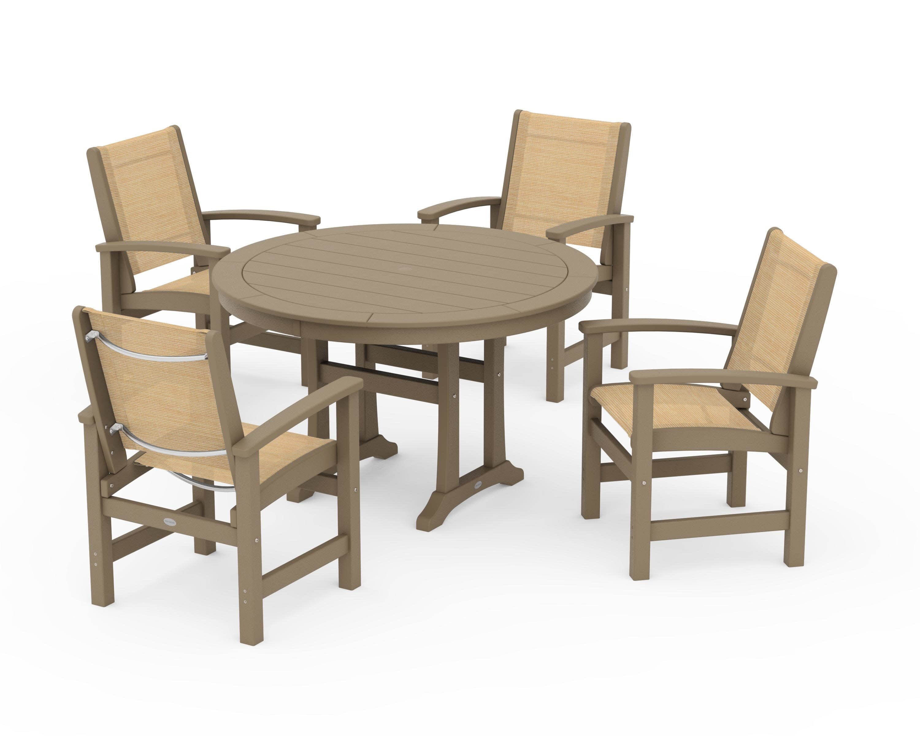 Coastal 5-Piece Round Dining Set with Trestle Legs in Vintage Sahara / Dupioni Apricot Sling