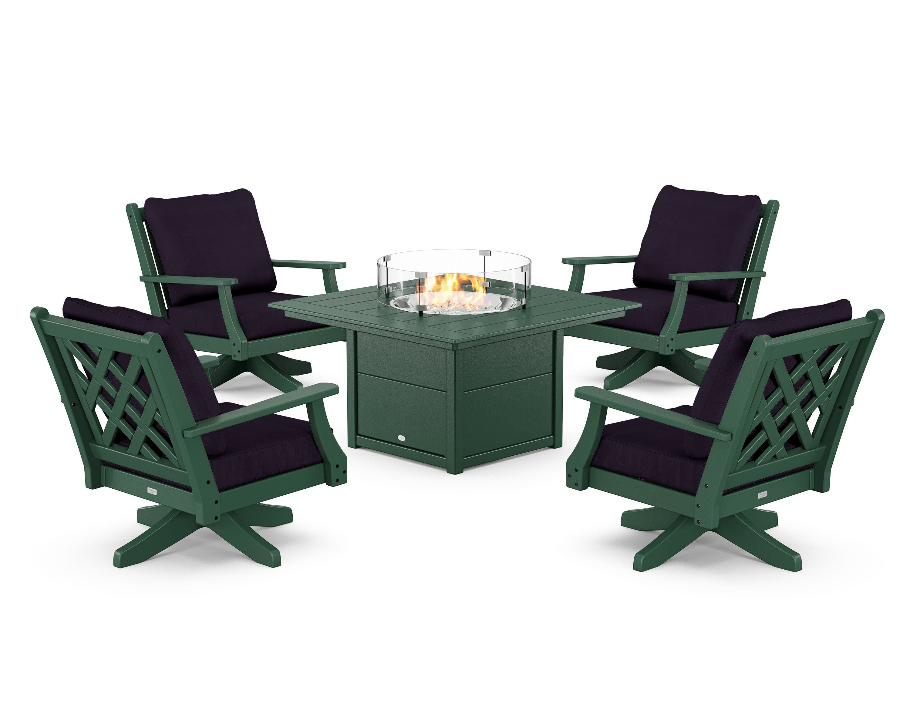 Wovendale 5-Piece Deep Seating Swivel Conversation Set with Fire Pit Table in Green / Navy Linen