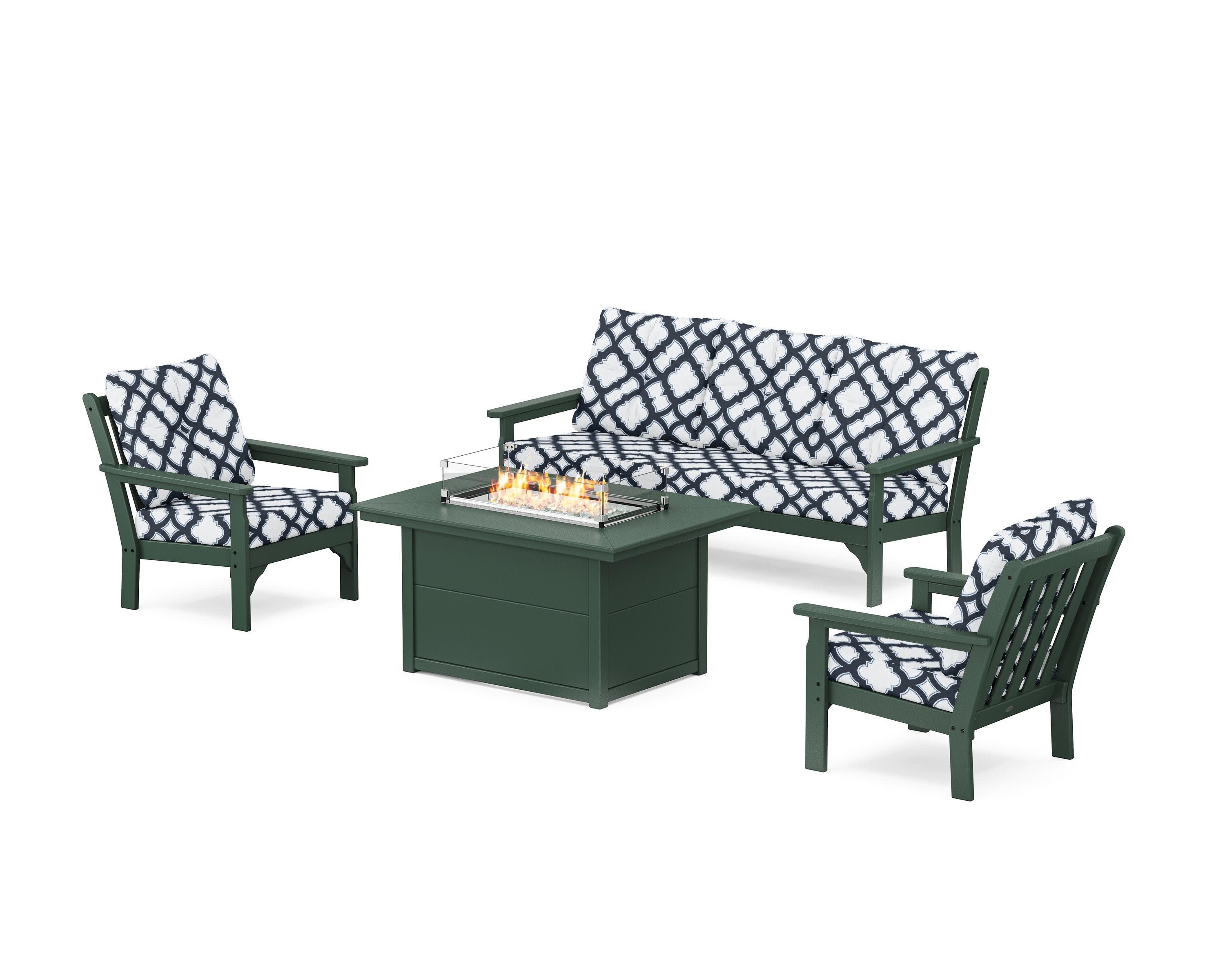 Vineyard Deep Seating Fire Pit Table Set in Green / Trellis Marine Indigo