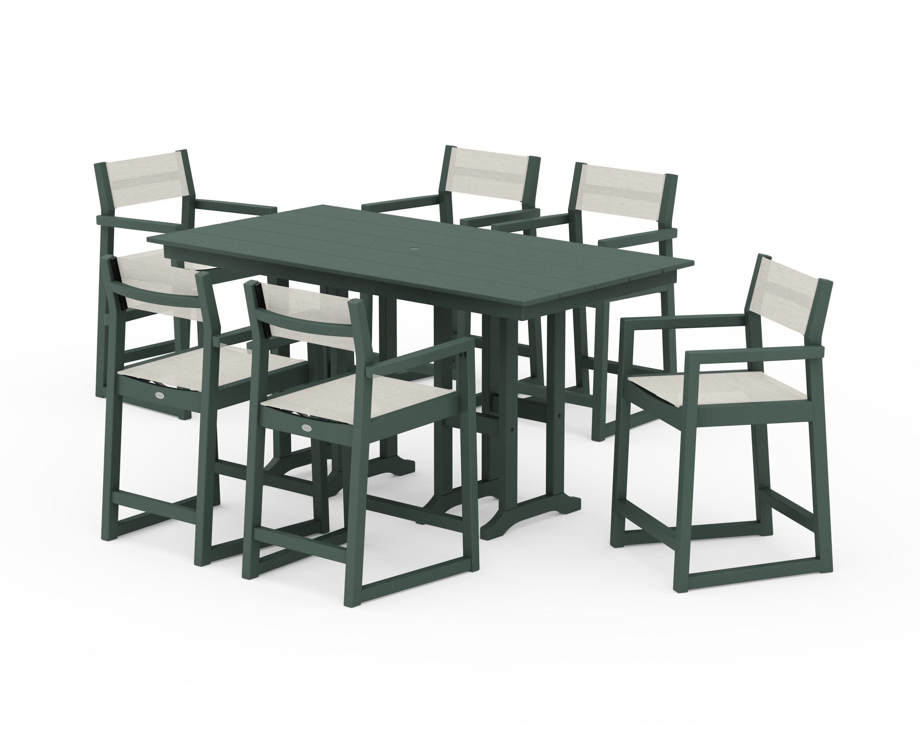 EDGE Sling Arm Chair 7-Piece Farmhouse Counter Set in Green / Parchment Sling