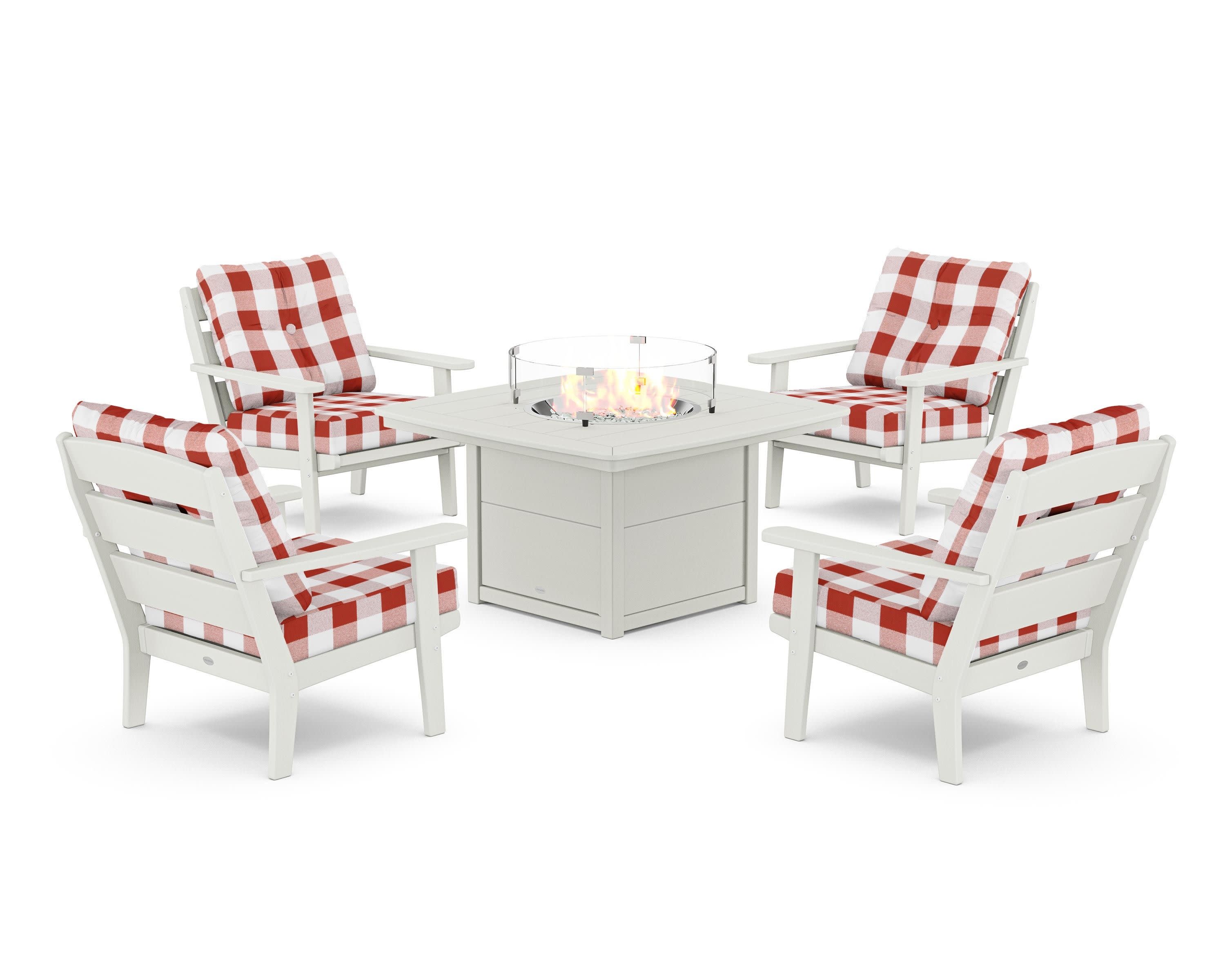 Lakeside 5-Piece Deep Seating Set with Nautical Fire Pit Table in Vintage White / Buffalo Plaid Crimson