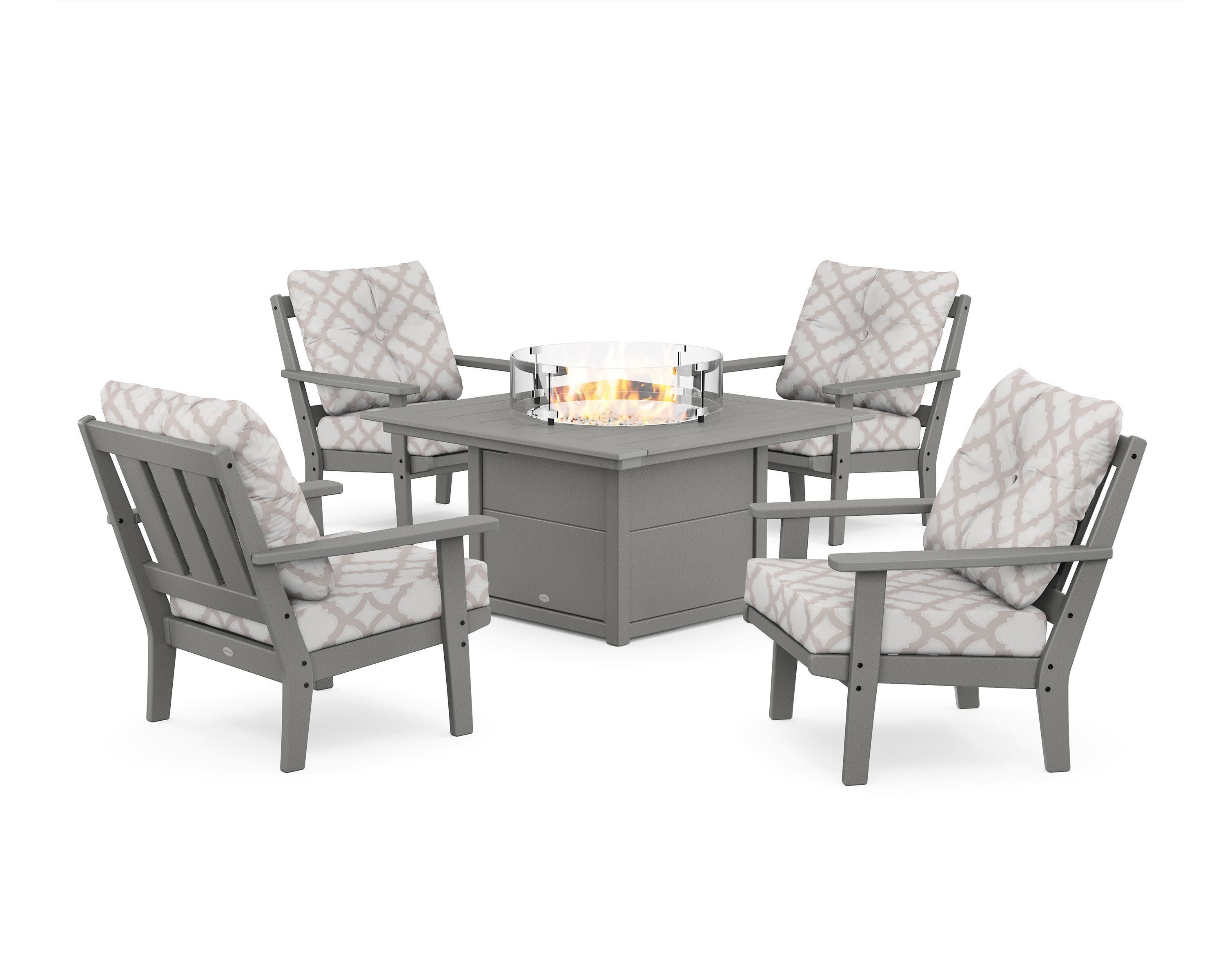 Oxford 5-Piece Deep Seating Set with Fire Pit Table in Slate Grey / Trellis Dune Burlap