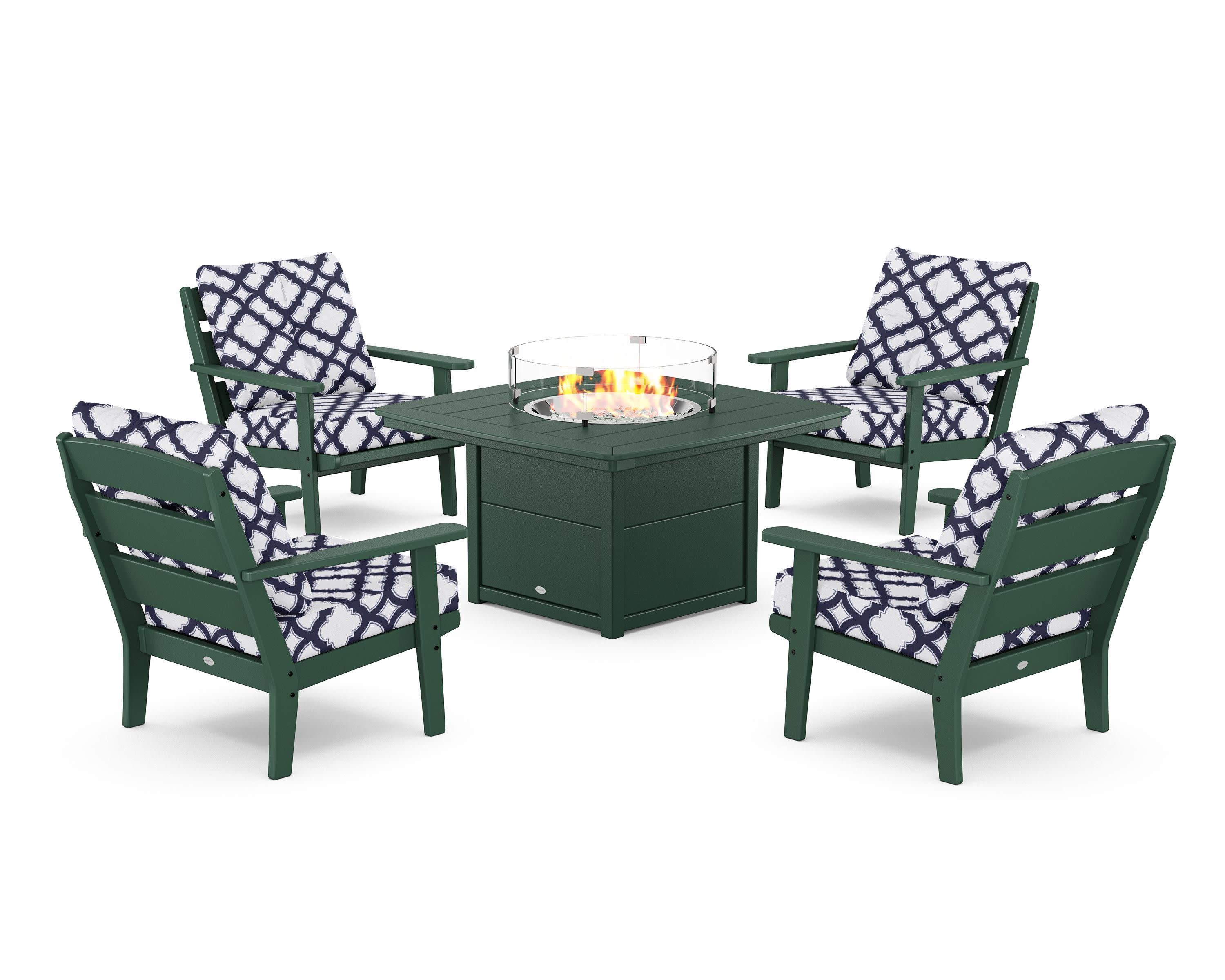 Lakeside 5-Piece Deep Seating Set with Nautical Fire Pit Table in Green / Trellis Navy