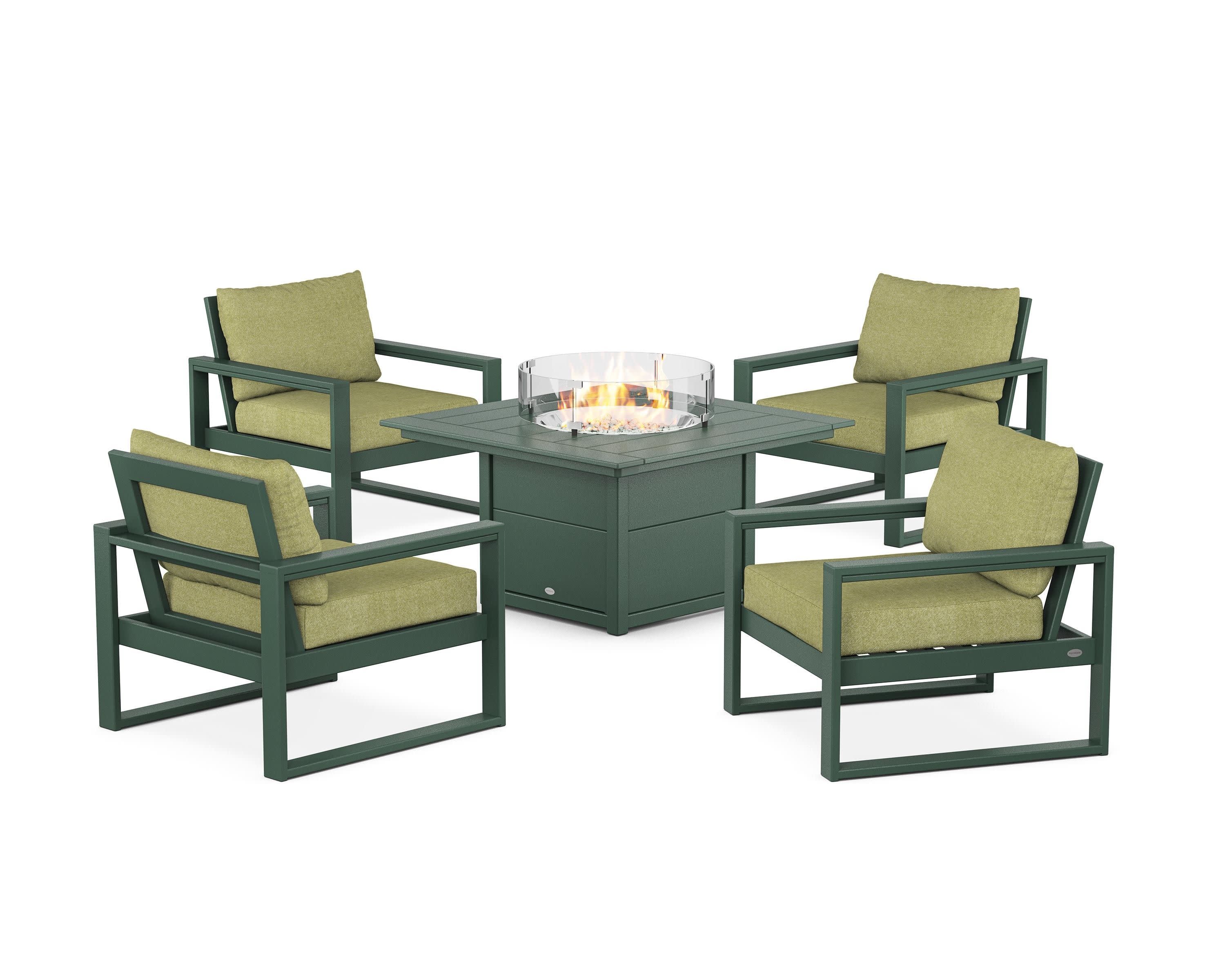 EDGE Sectional 5-Piece Deep Seating Set with Fire Pit Table in Green / Chartreuse Boucle