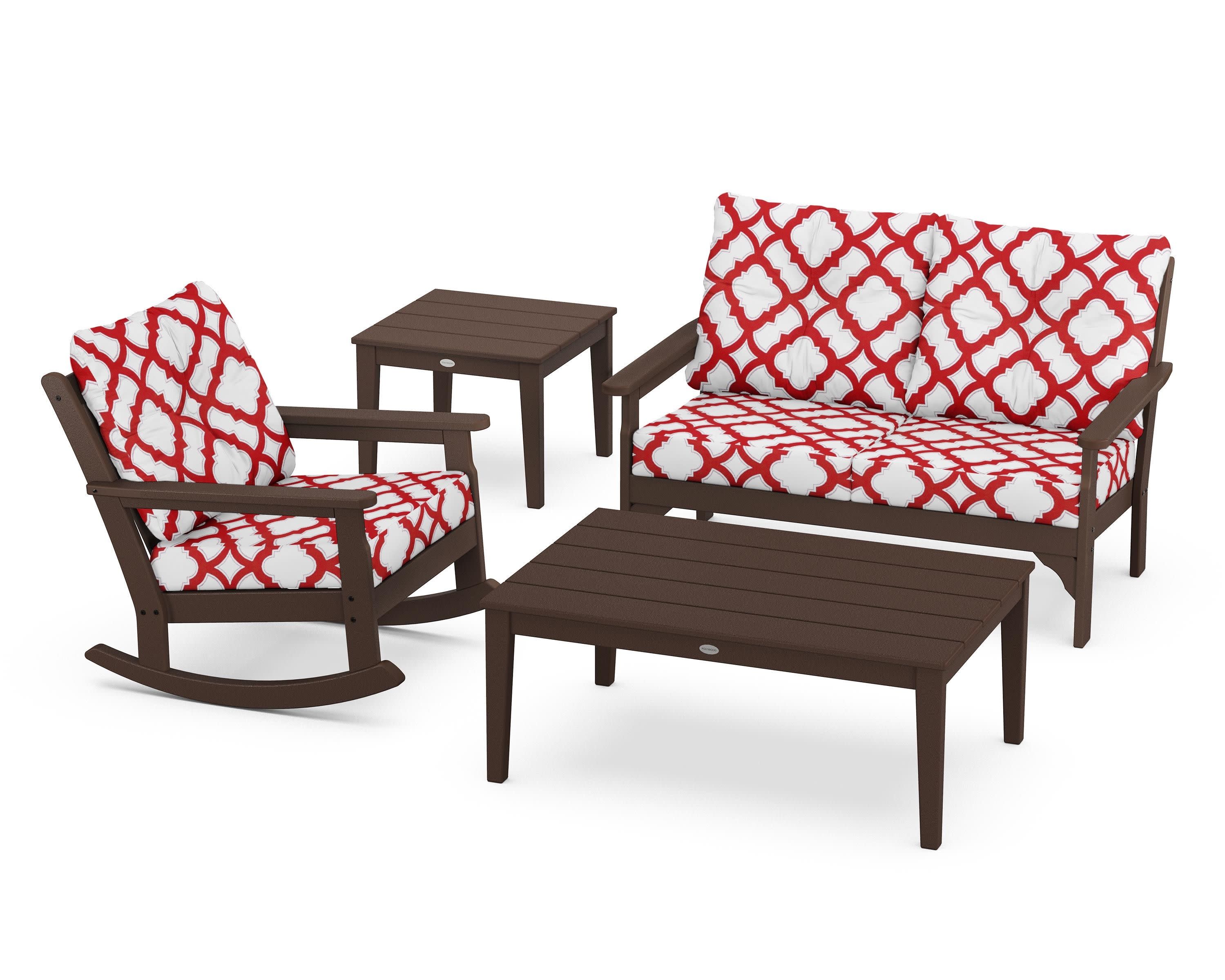Vineyard 4-Piece Deep Seating Rocker Set in Mahogany / Trellis Crimson