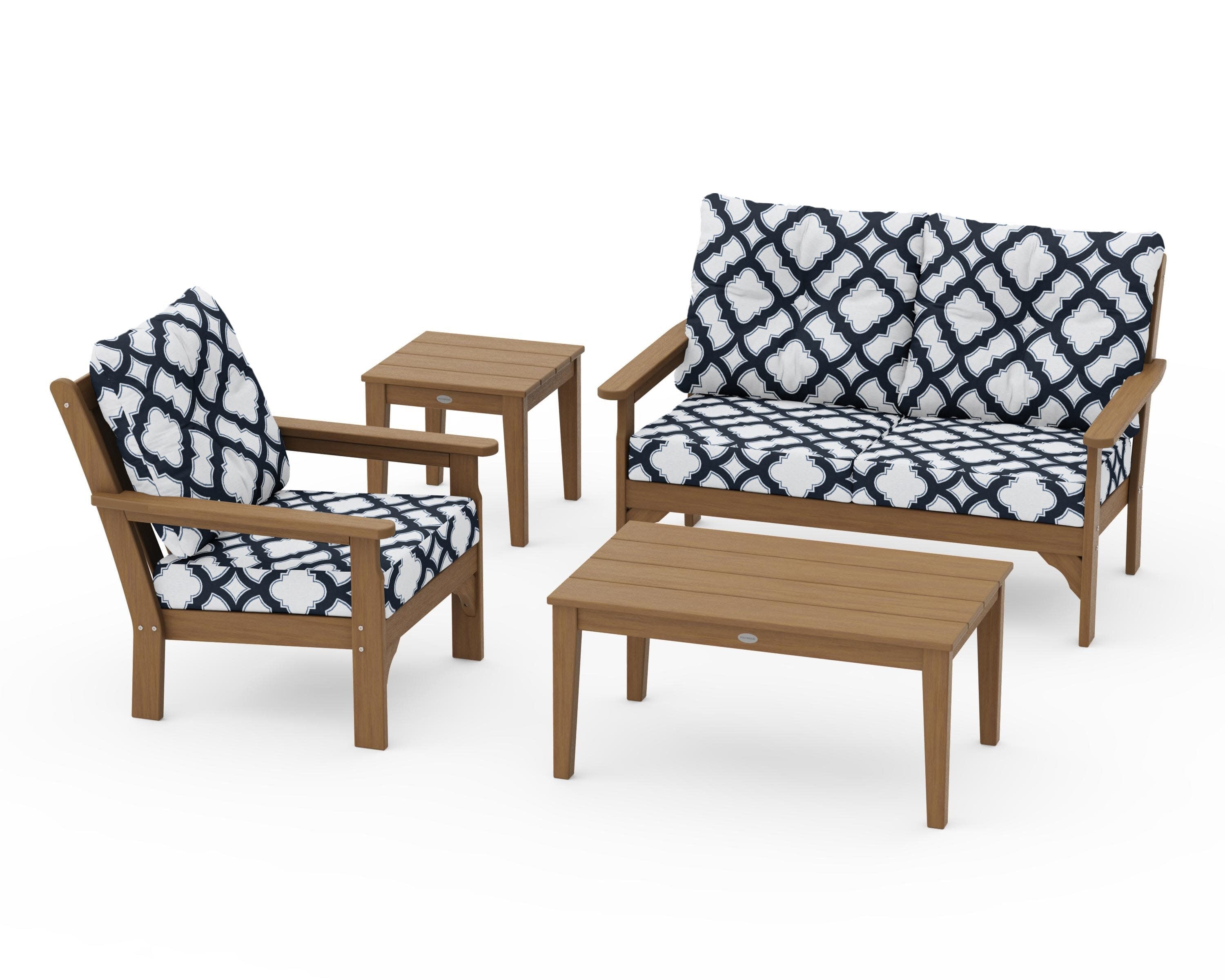 Vineyard 4-Piece Deep Seating Set in Natural / Trellis Marine Indigo