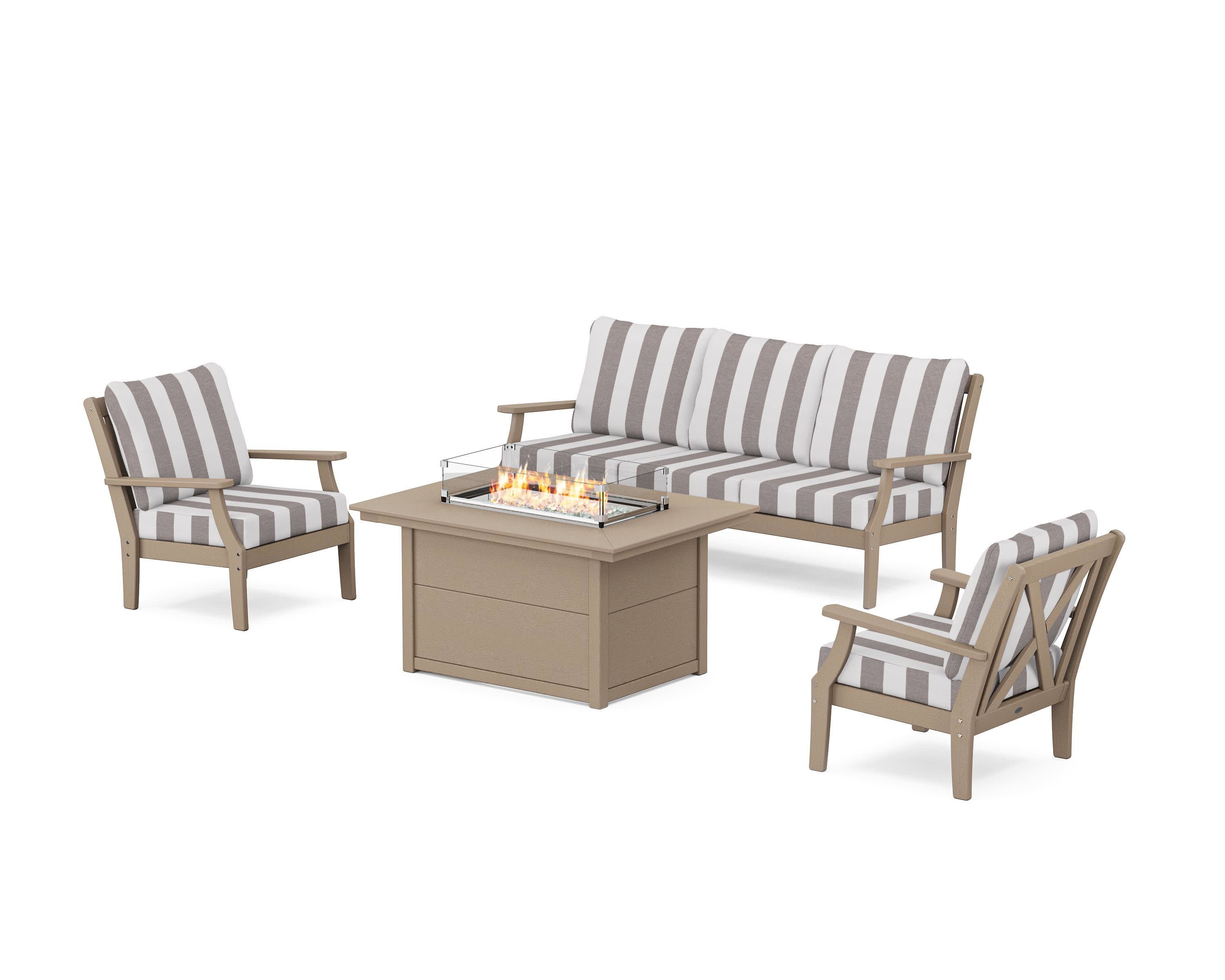 Braxton Deep Seating Fire Pit Table Set in Vintage Sahara / Cabana Stripe Grey Mist
