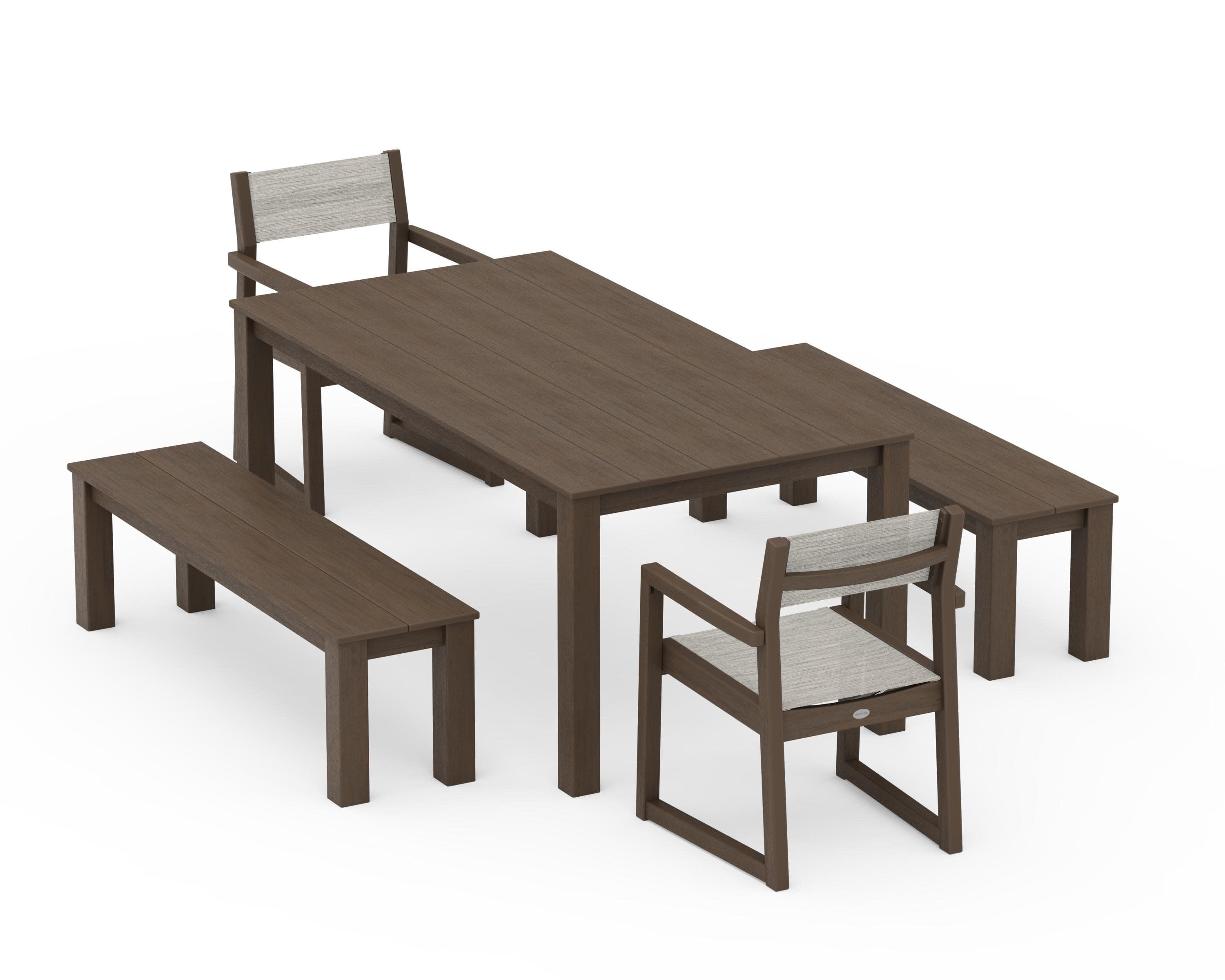 EDGE Sling Arm Chair 5-Piece Parsons Dining Set with Benches in Kona / Birch Sling