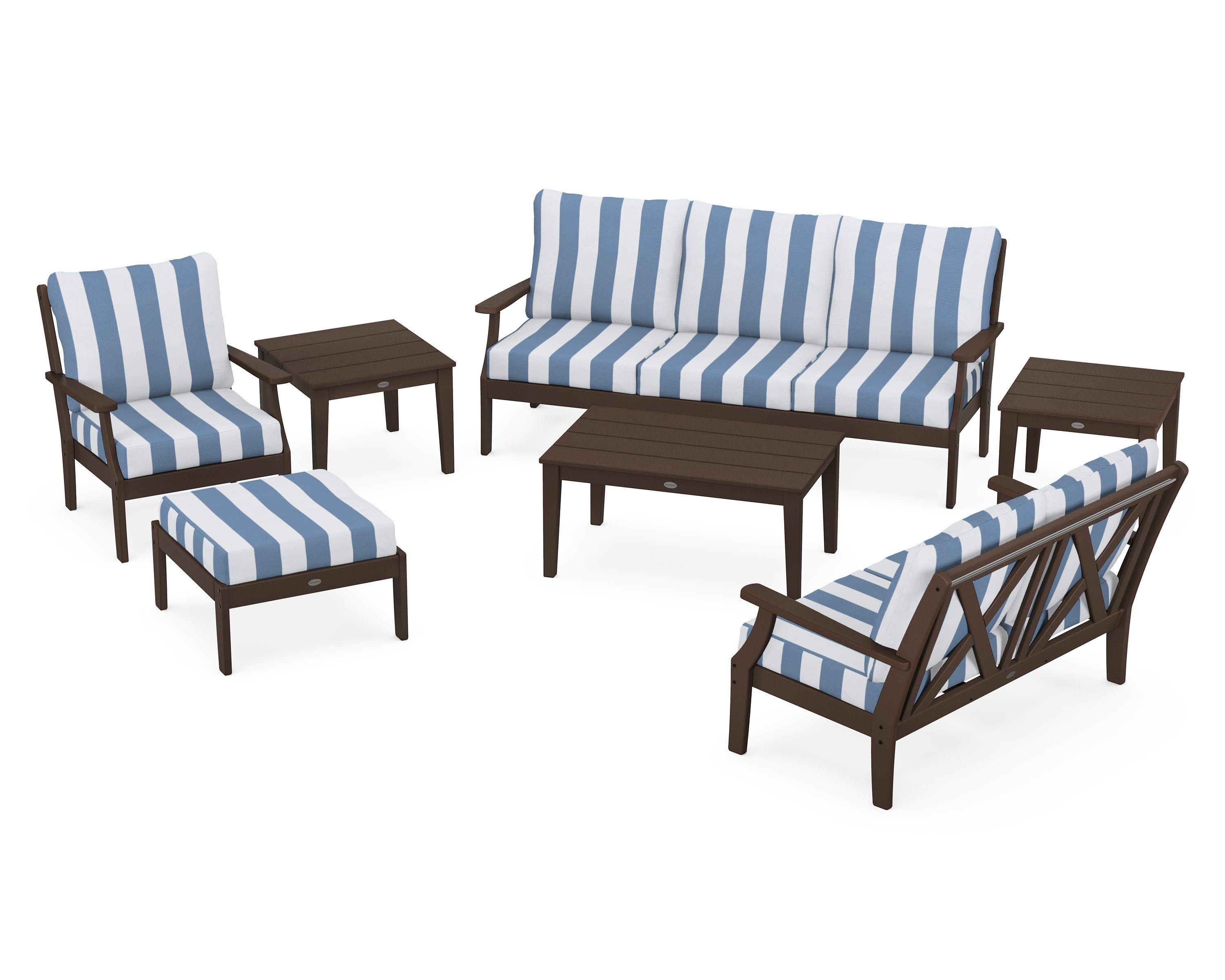 Braxton 7-Piece Deep Seating Set in Mahogany / Cabana Stripe Sky Blue