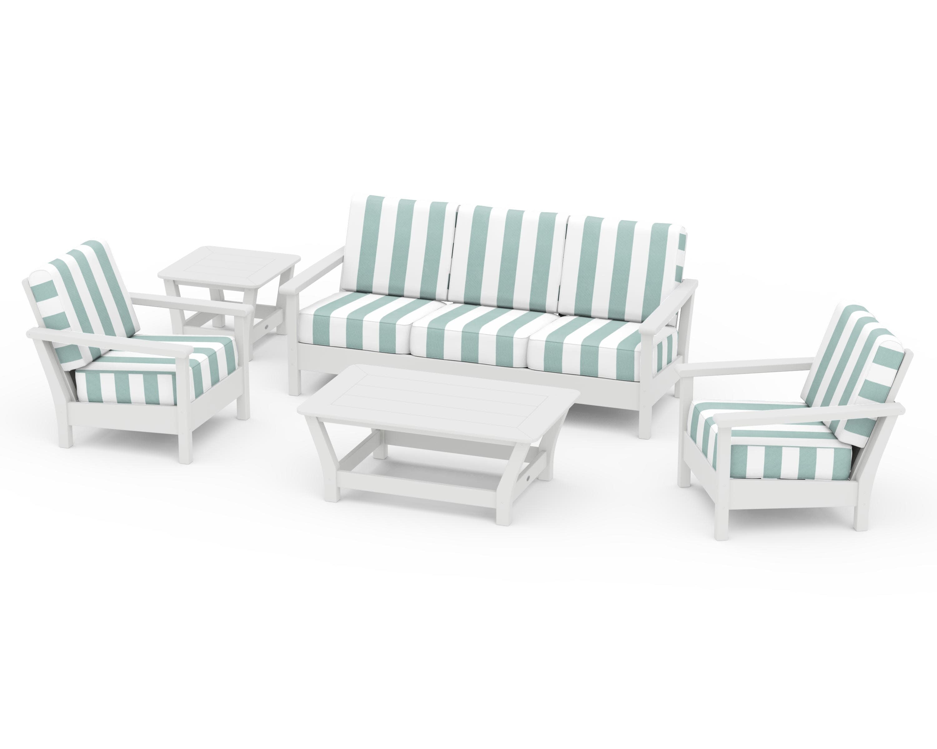 Harbour 5-Piece Deep Seating Set in White / Cabana Stripe Glacier Spa