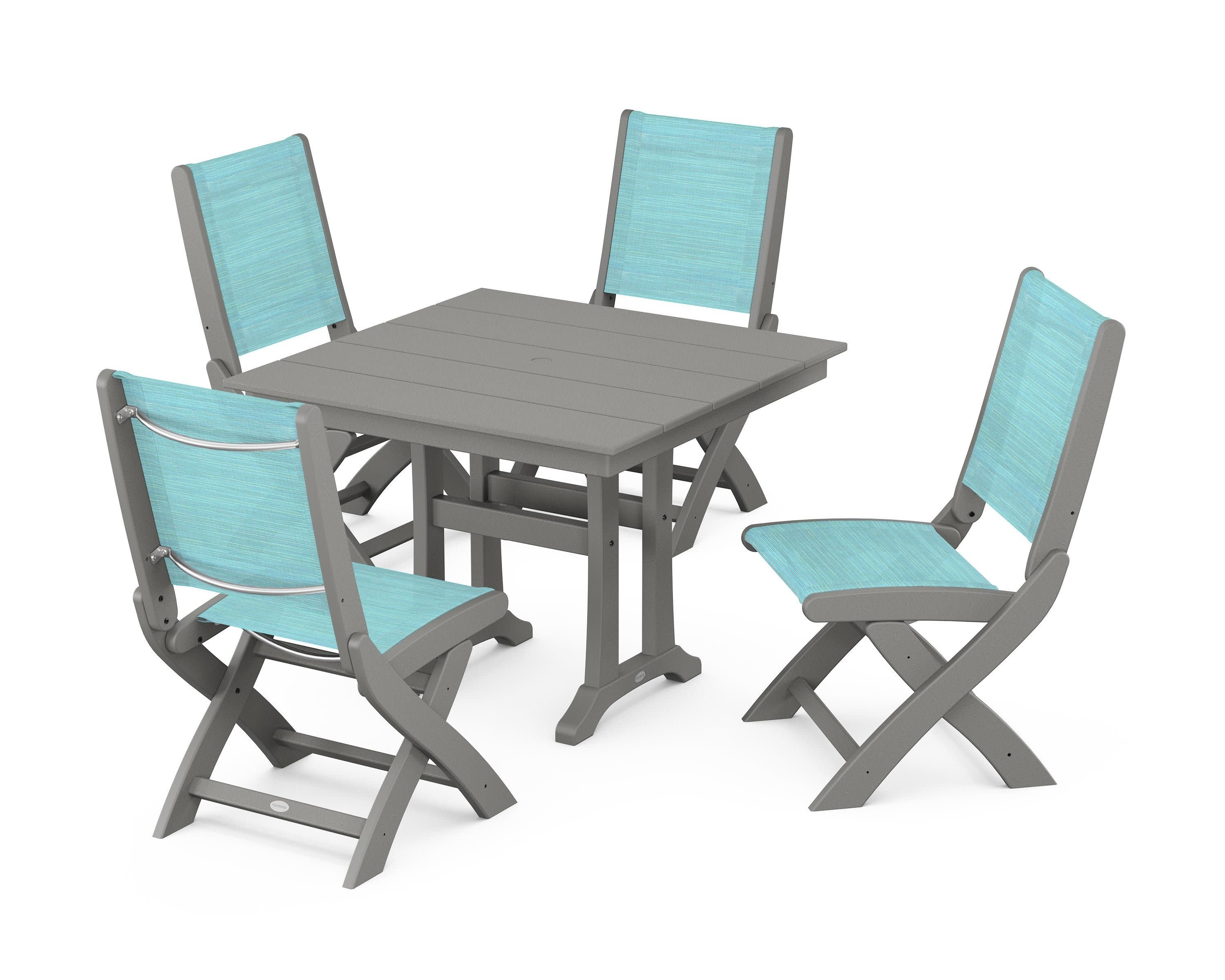 Coastal Folding Side Chair 5-Piece Farmhouse Dining Set With Trestle Legs in Slate Grey / Dupioni Aquamarine Sling
