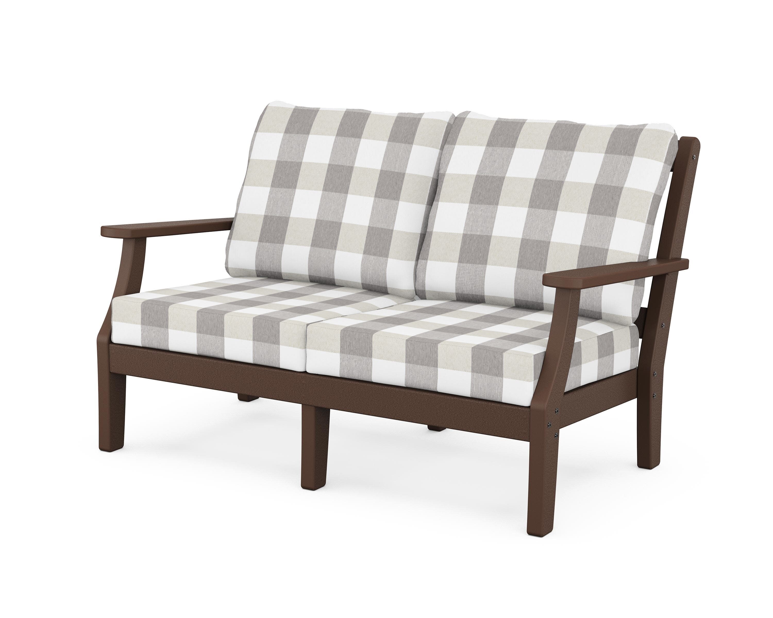 Chinoiserie Deep Seating Loveseat in Mahogany / Buffalo Plaid Grey Mist