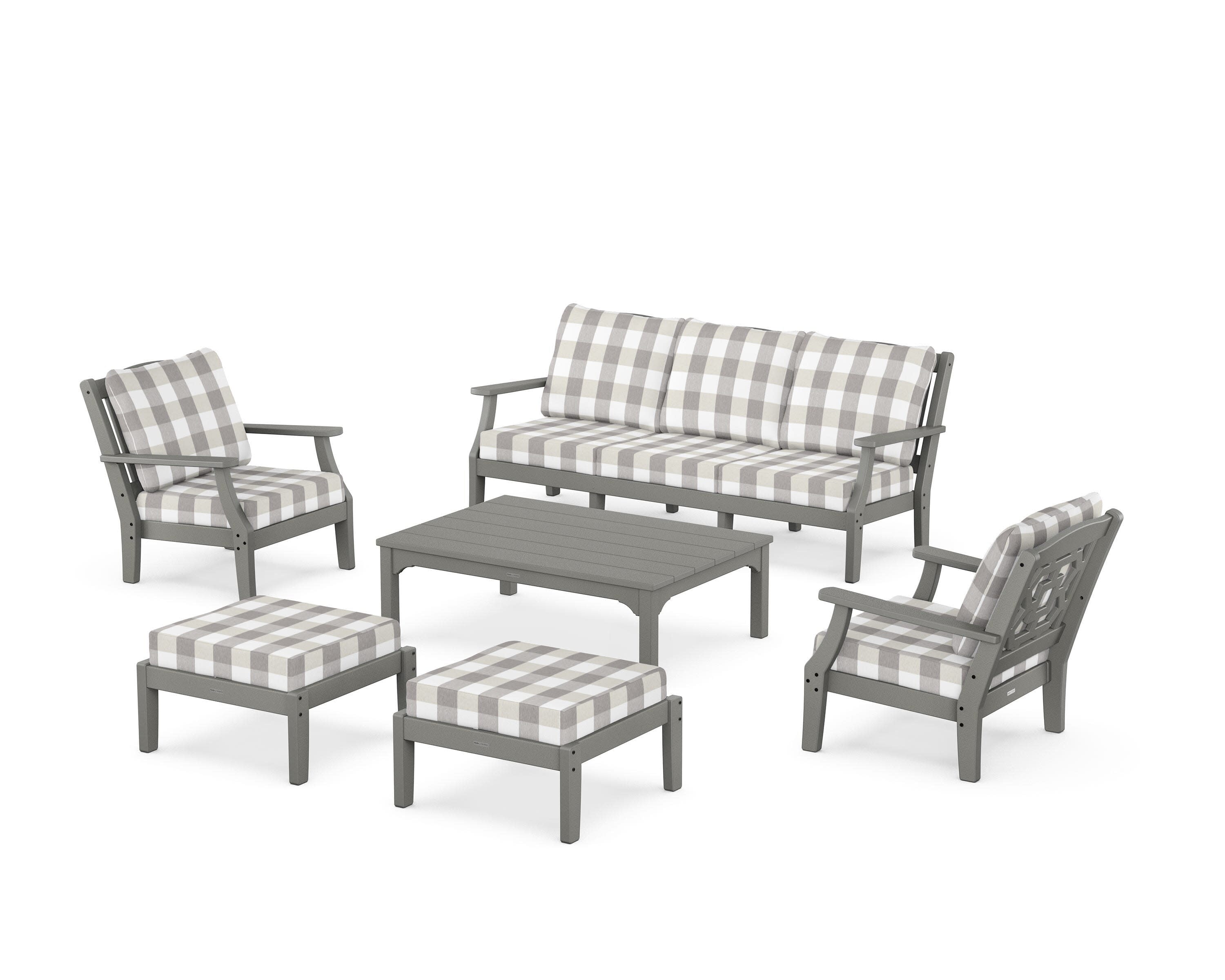 Chinoiserie 6-Piece Lounge Sofa Set in Slate Grey / Buffalo Plaid Grey Mist
