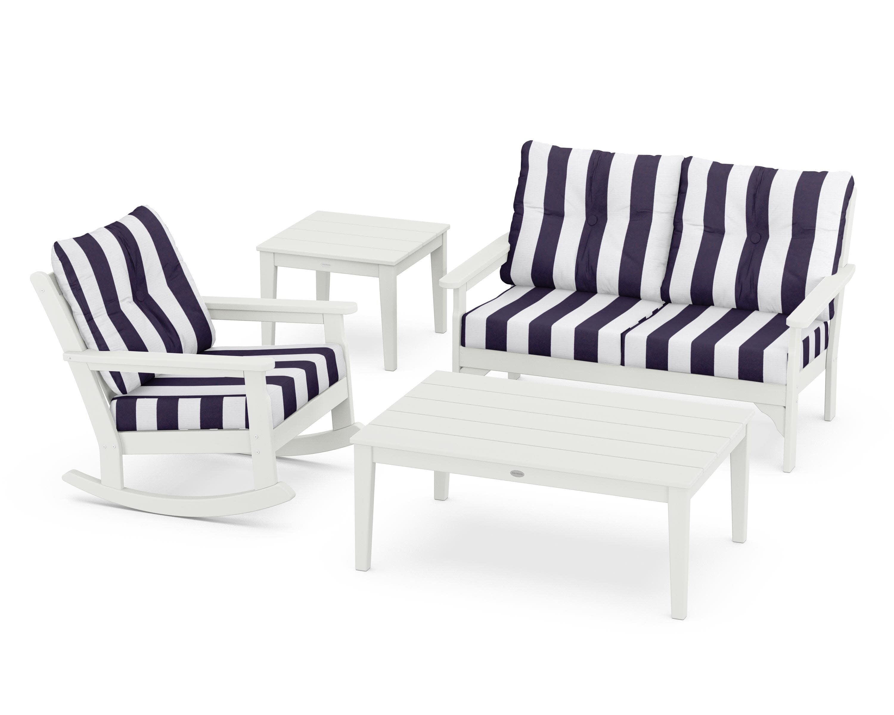 Vineyard 4-Piece Deep Seating Rocker Set in Vintage White / Cabana Stripe Navy