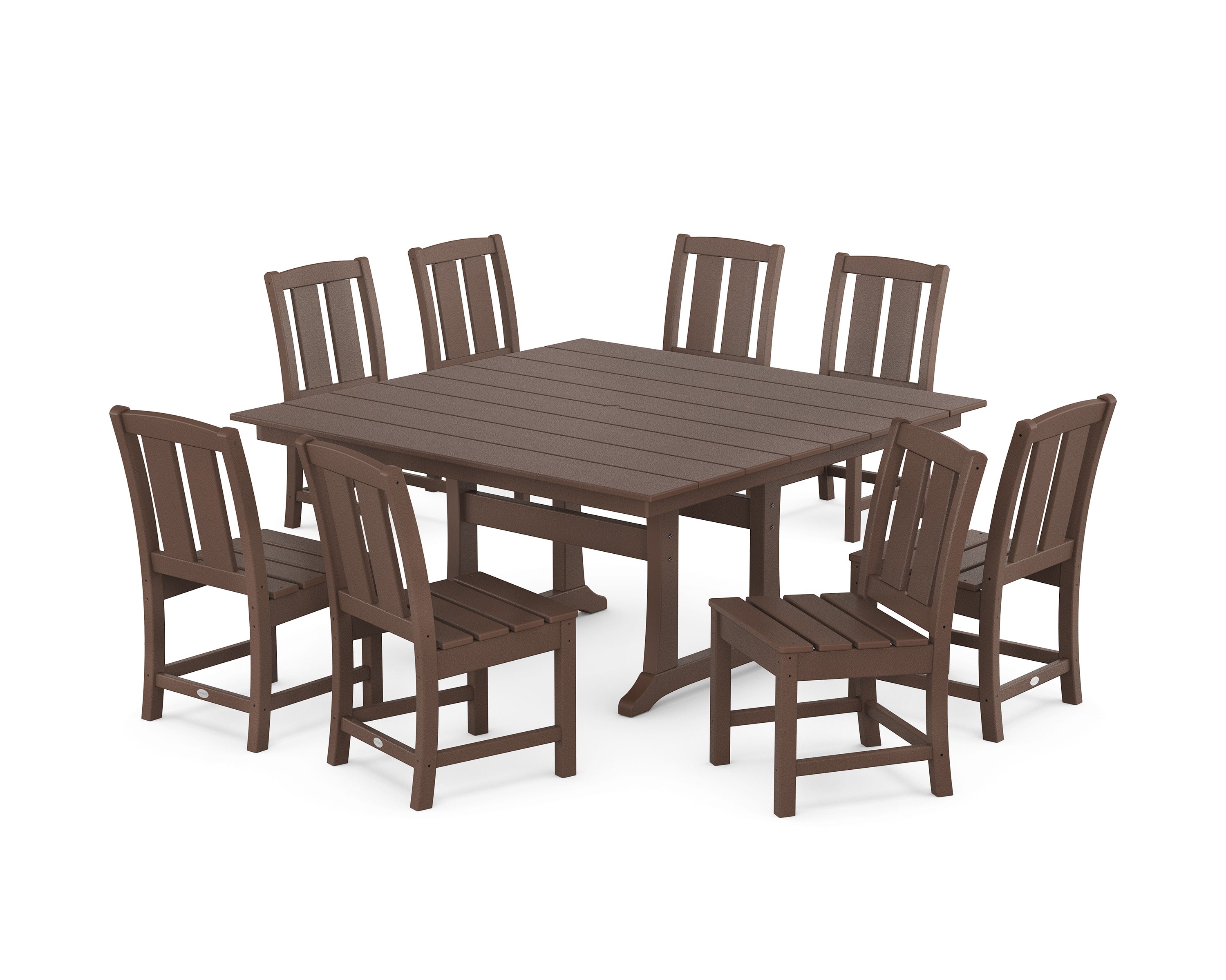 Mission Side Chair 9-Piece Square Farmhouse Dining Set with Trestle Legs in Mahogany