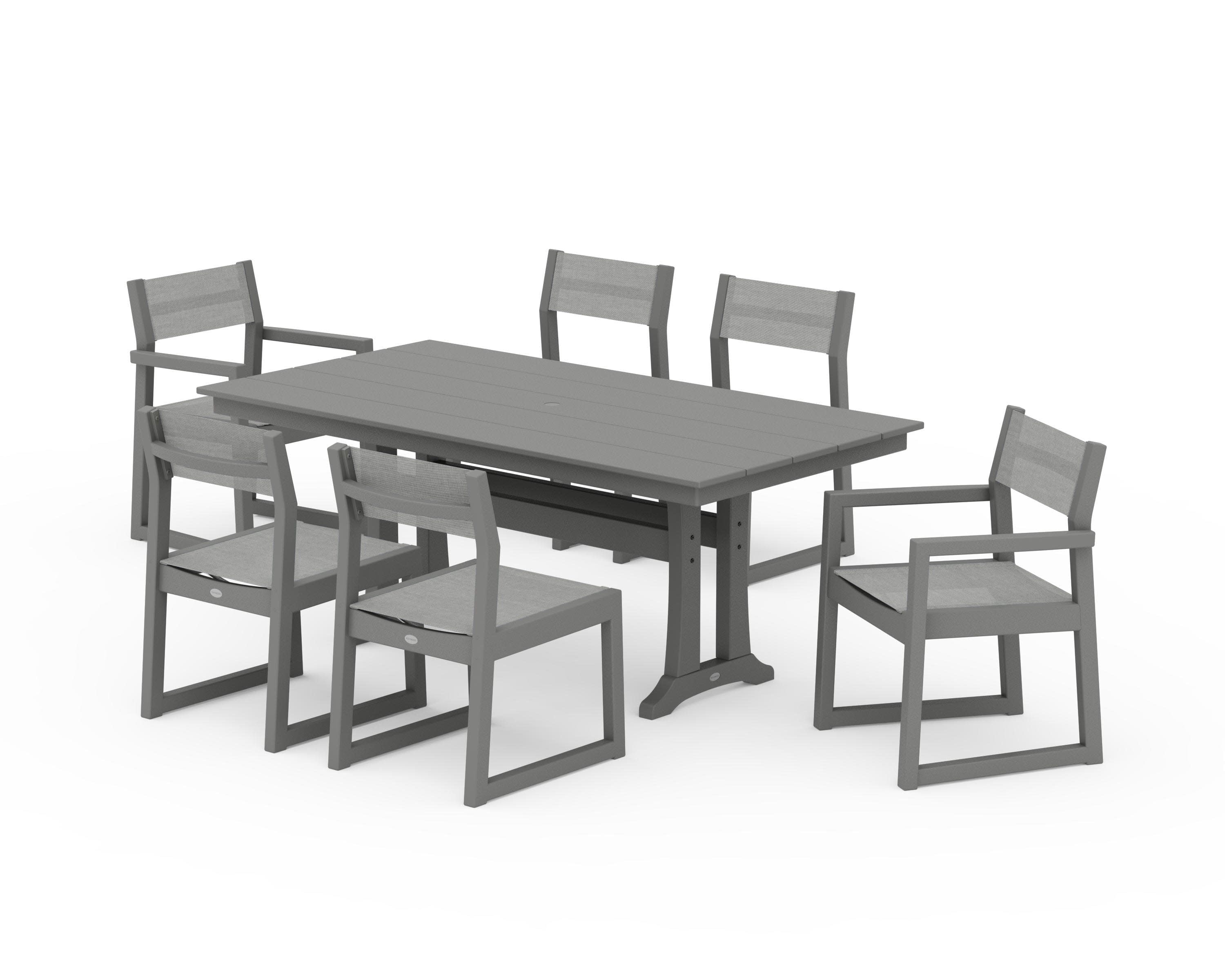 EDGE Sling 7-Piece Farmhouse Trestle Dining Set in Slate Grey / Metallic Sling