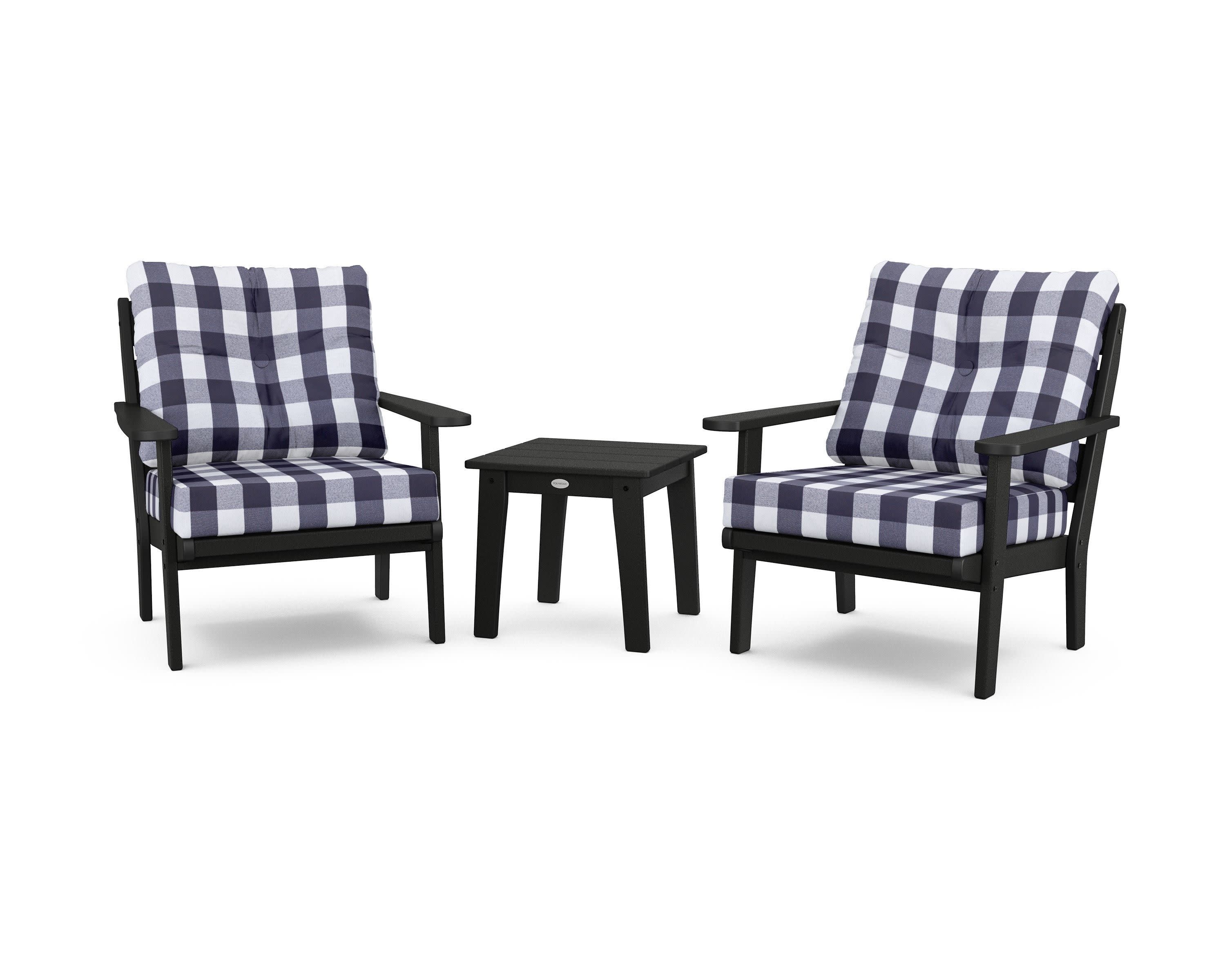 Lakeside 3-Piece Deep Seating Chair Set in Black / Buffalo Plaid Navy