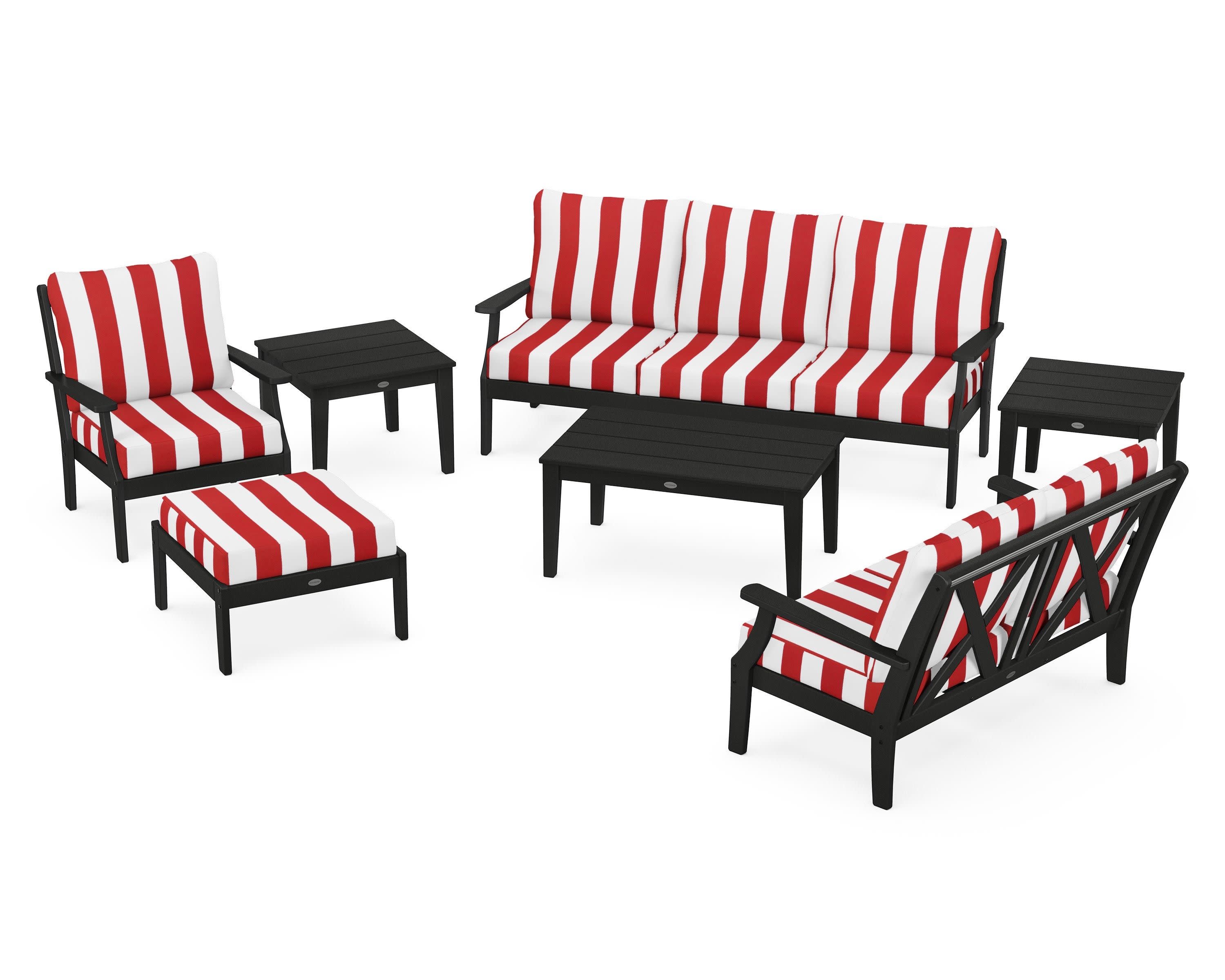 Braxton 7-Piece Deep Seating Set in Black / Cabana Stripe Crimson