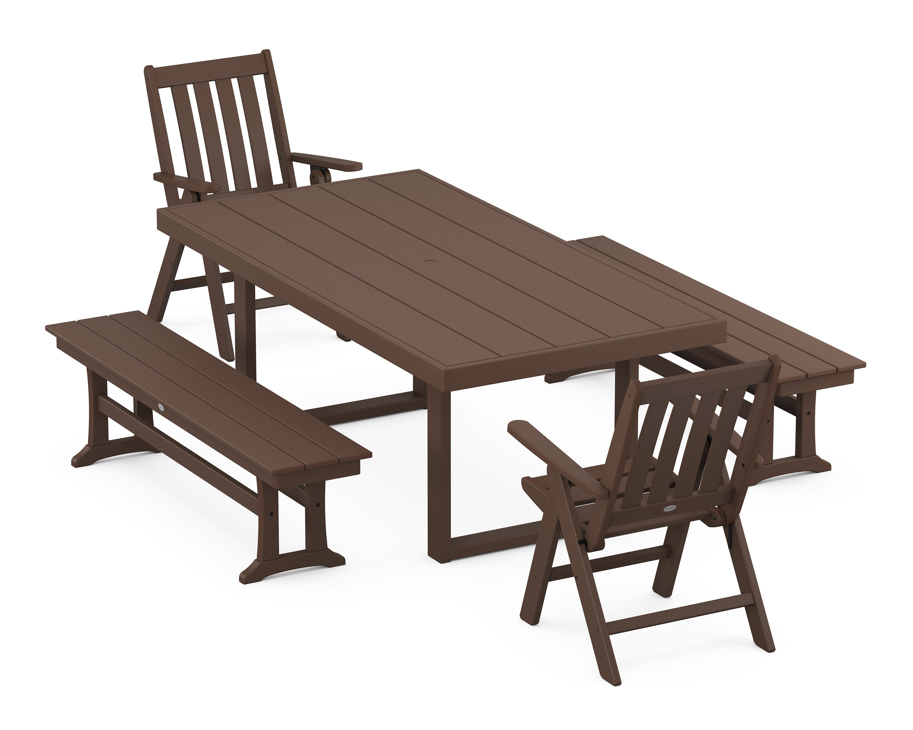 Vineyard Folding Chair 5-Piece Dining Set with Benches in Mahogany