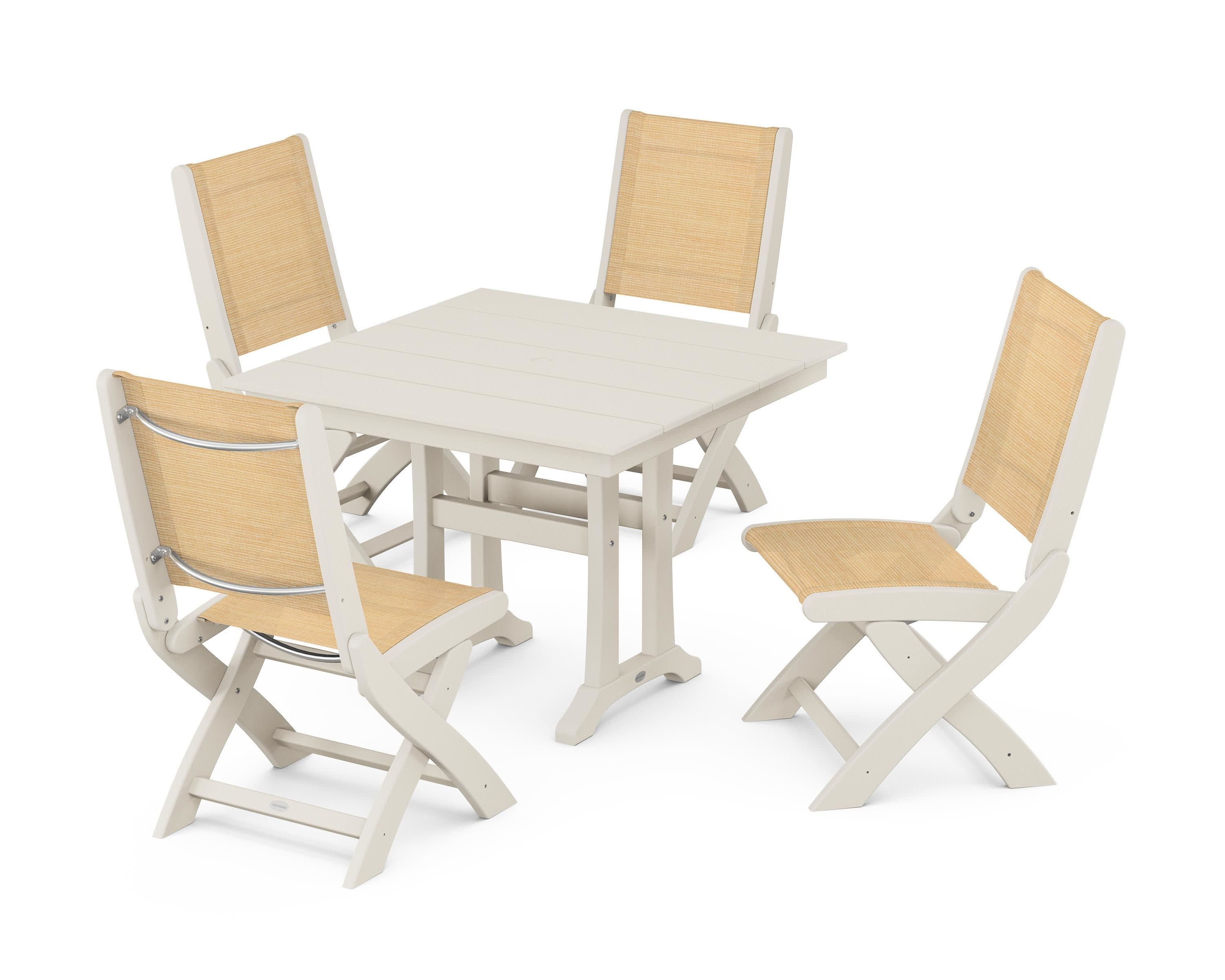 Coastal Folding Side Chair 5-Piece Farmhouse Dining Set With Trestle Legs in Sand / Dupioni Apricot Sling