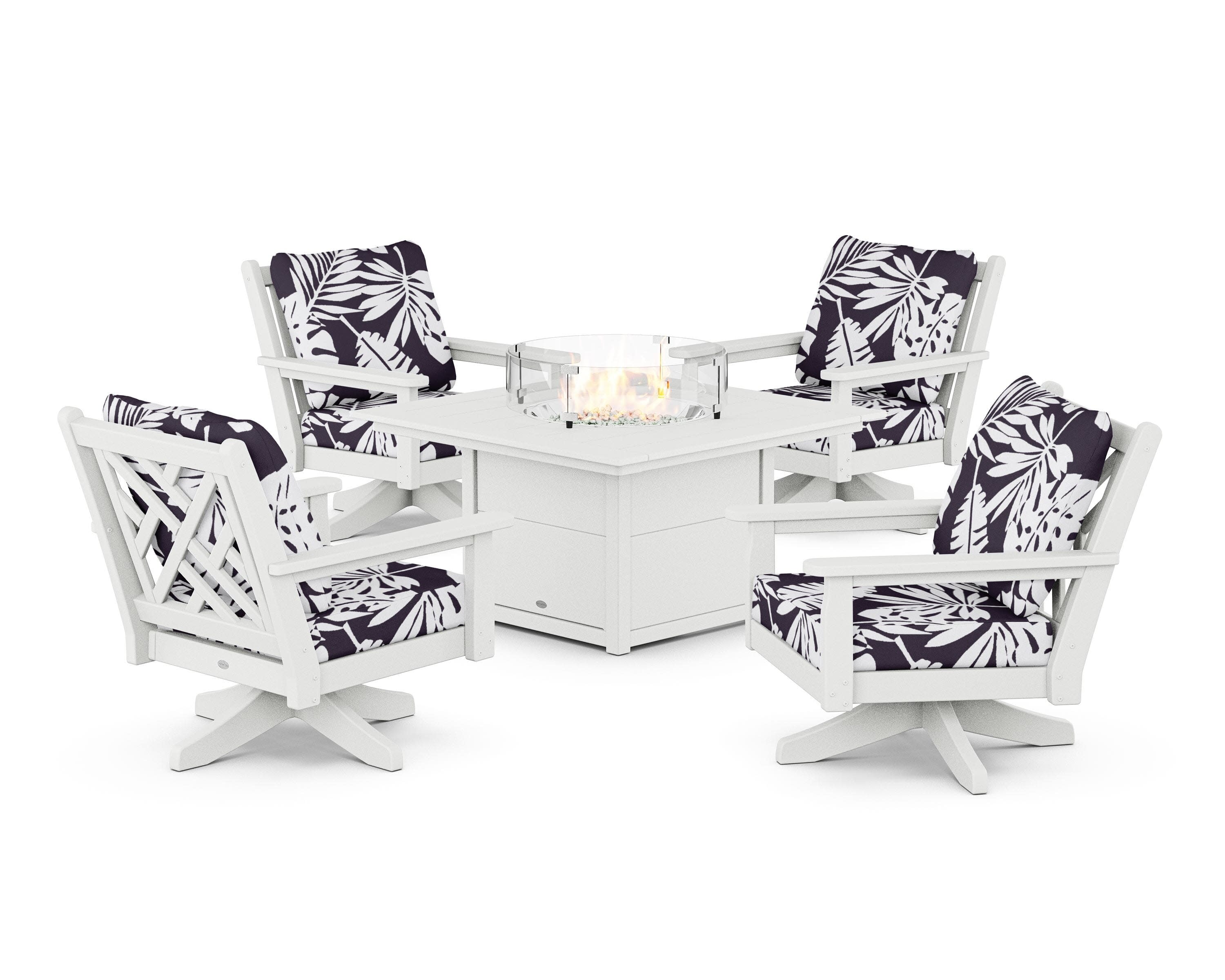 Chippendale 5-Piece Deep Seating Swivel Conversation Set with Fire Pit Table in White / Leaf Navy