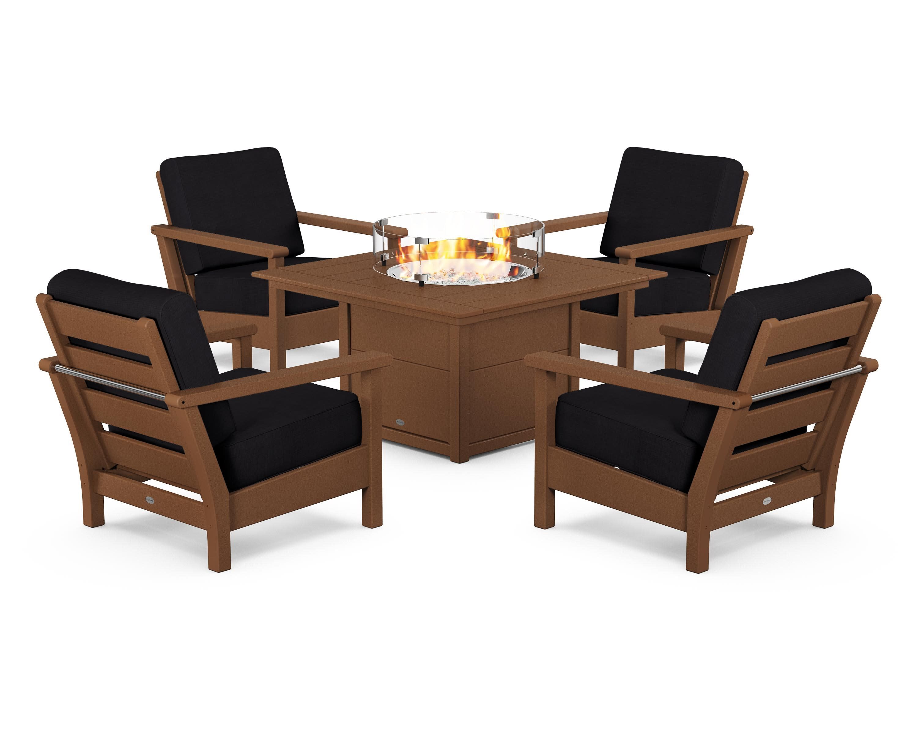 Harbour 5-Piece Conversation Set with Fire Pit Table in Teak / Midnight Linen