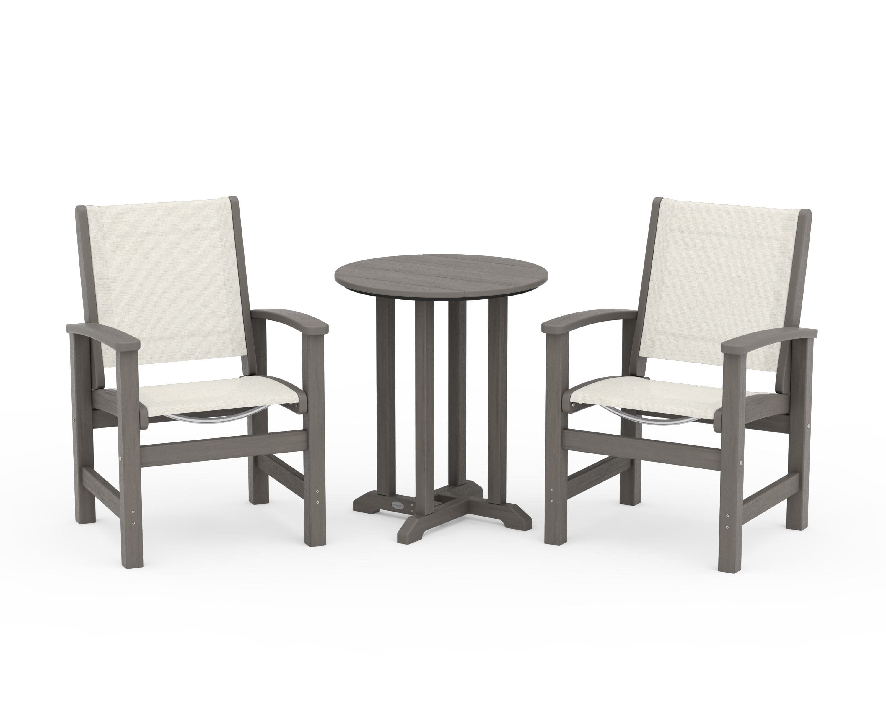 Coastal 3-Piece Round Bistro Dining Set in Driftwood / Parchment Sling