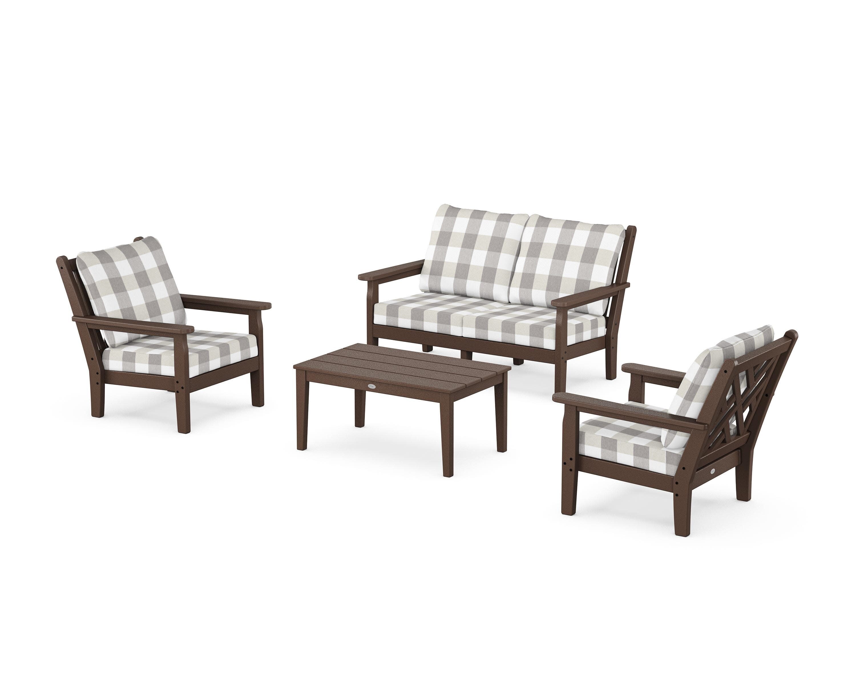 Chippendale 4-Piece Deep Seating Set with Loveseat in Mahogany / Buffalo Plaid Grey Mist