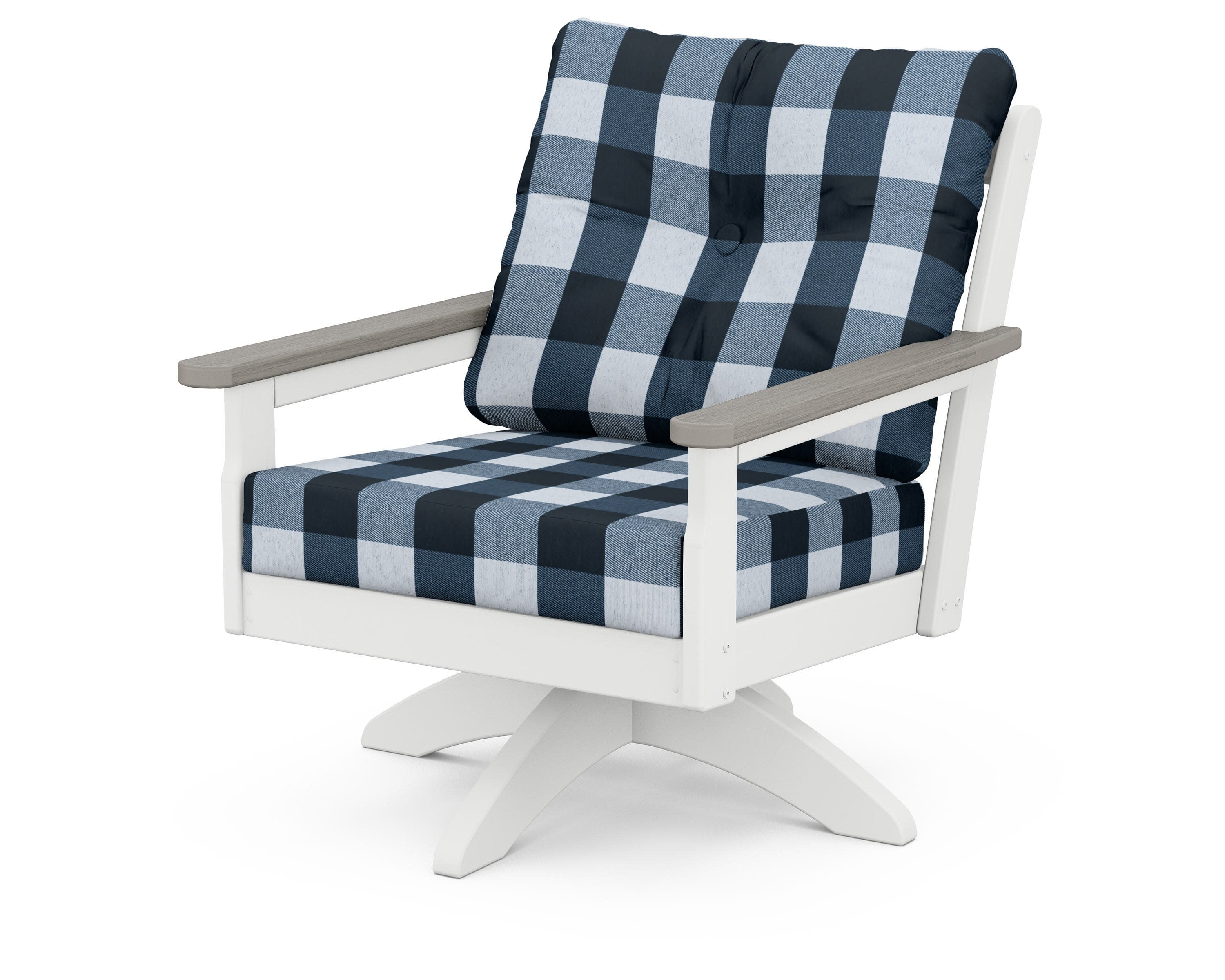 Vineyard Deep Seating Swivel Chair in White / Driftwood / Buffalo Plaid Marine Indigo