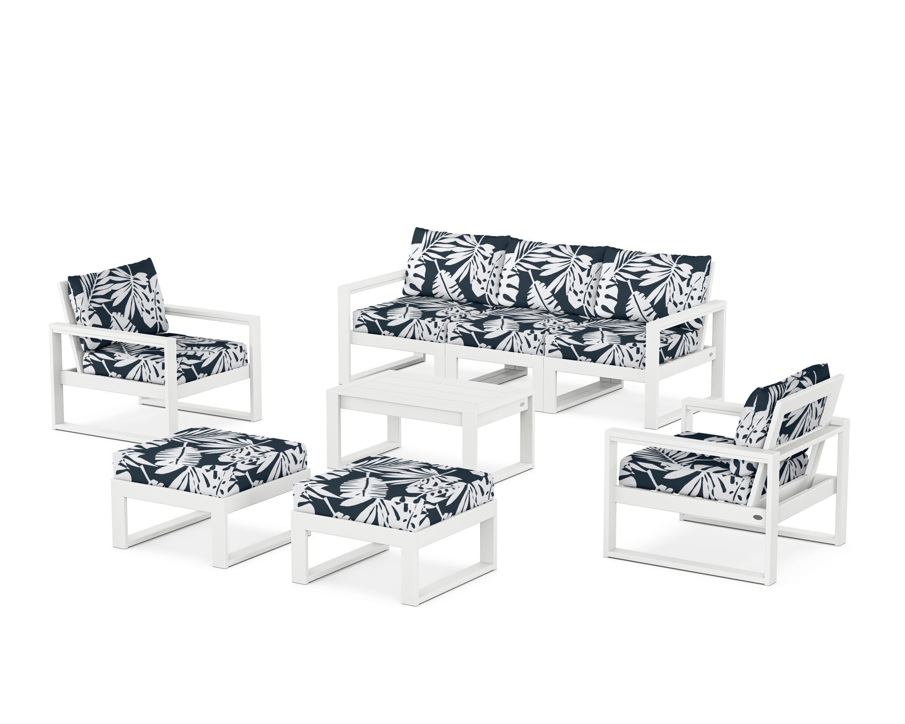 EDGE Sectional 8-Piece Lounge Sofa Set in White / Leaf Marine Indigo