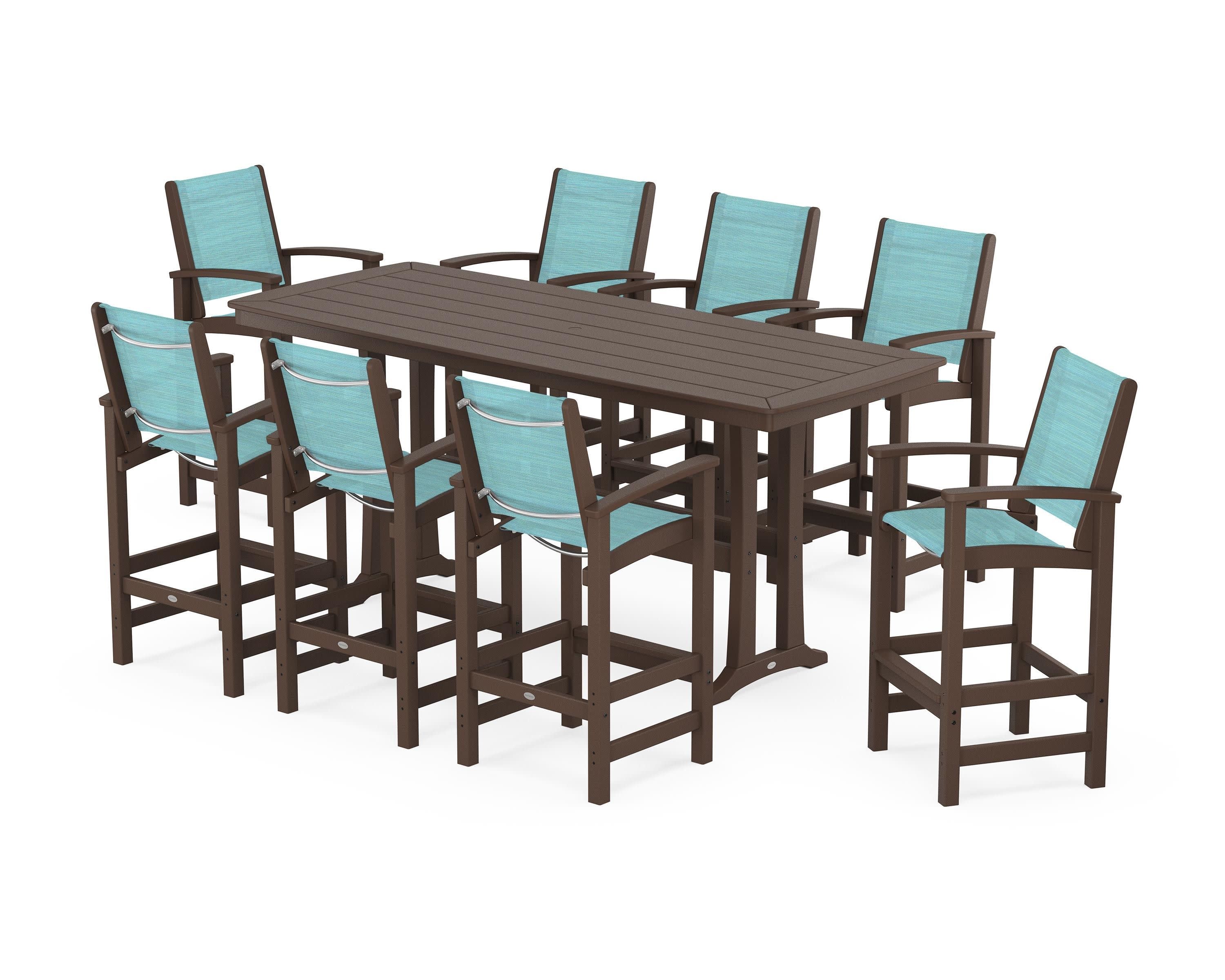 Coastal 9-Piece Bar Set with Trestle Legs in Mahogany / Dupioni Aquamarine Sling