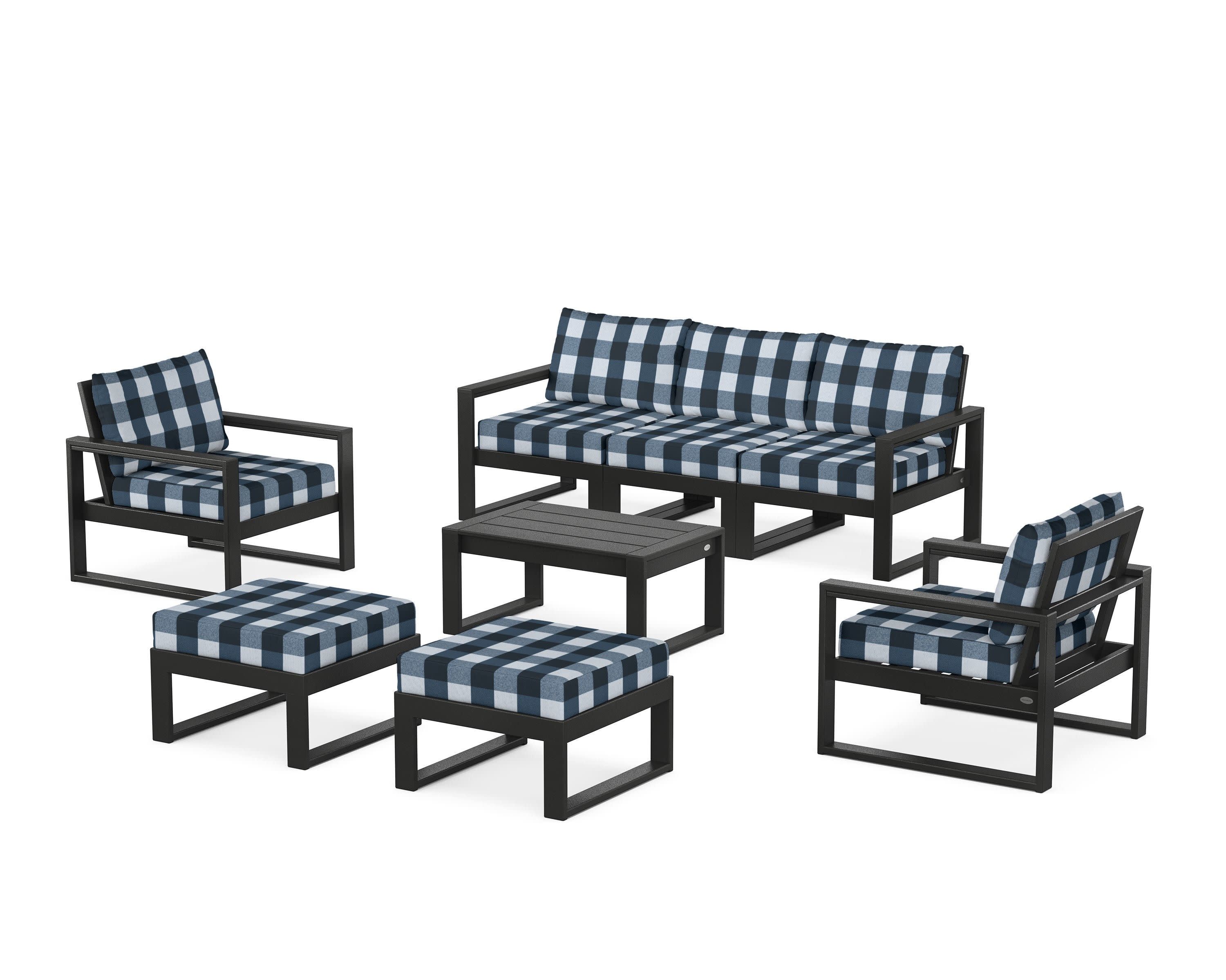 EDGE Sectional 8-Piece Lounge Sofa Set in Black / Buffalo Plaid Marine Indigo