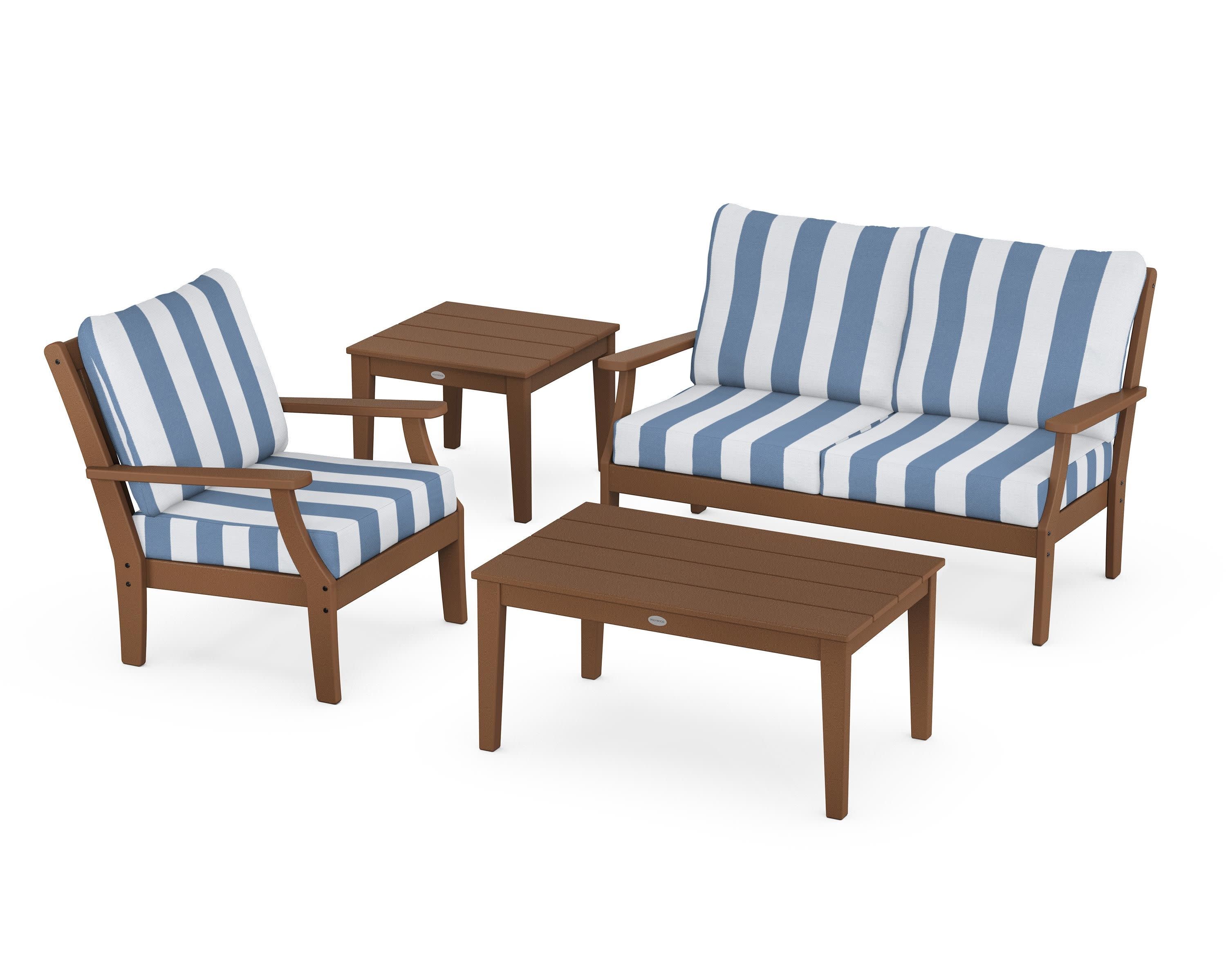 Braxton 4-Piece Deep Seating Set in Teak / Cabana Stripe Sky Blue
