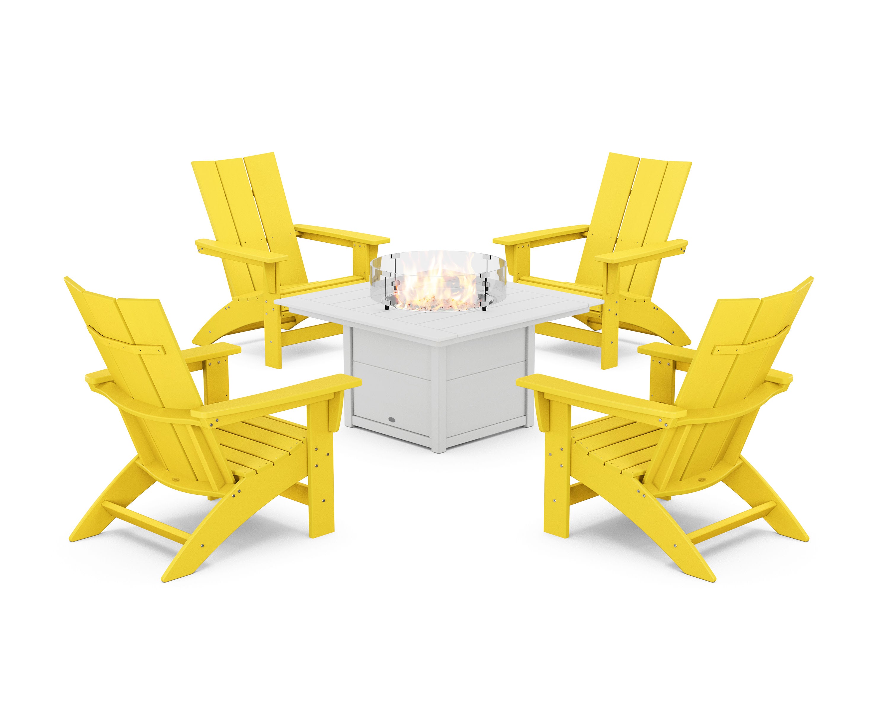 5-Piece Modern Grand Adirondack Conversation Set with Fire Pit Table in Lemon / White