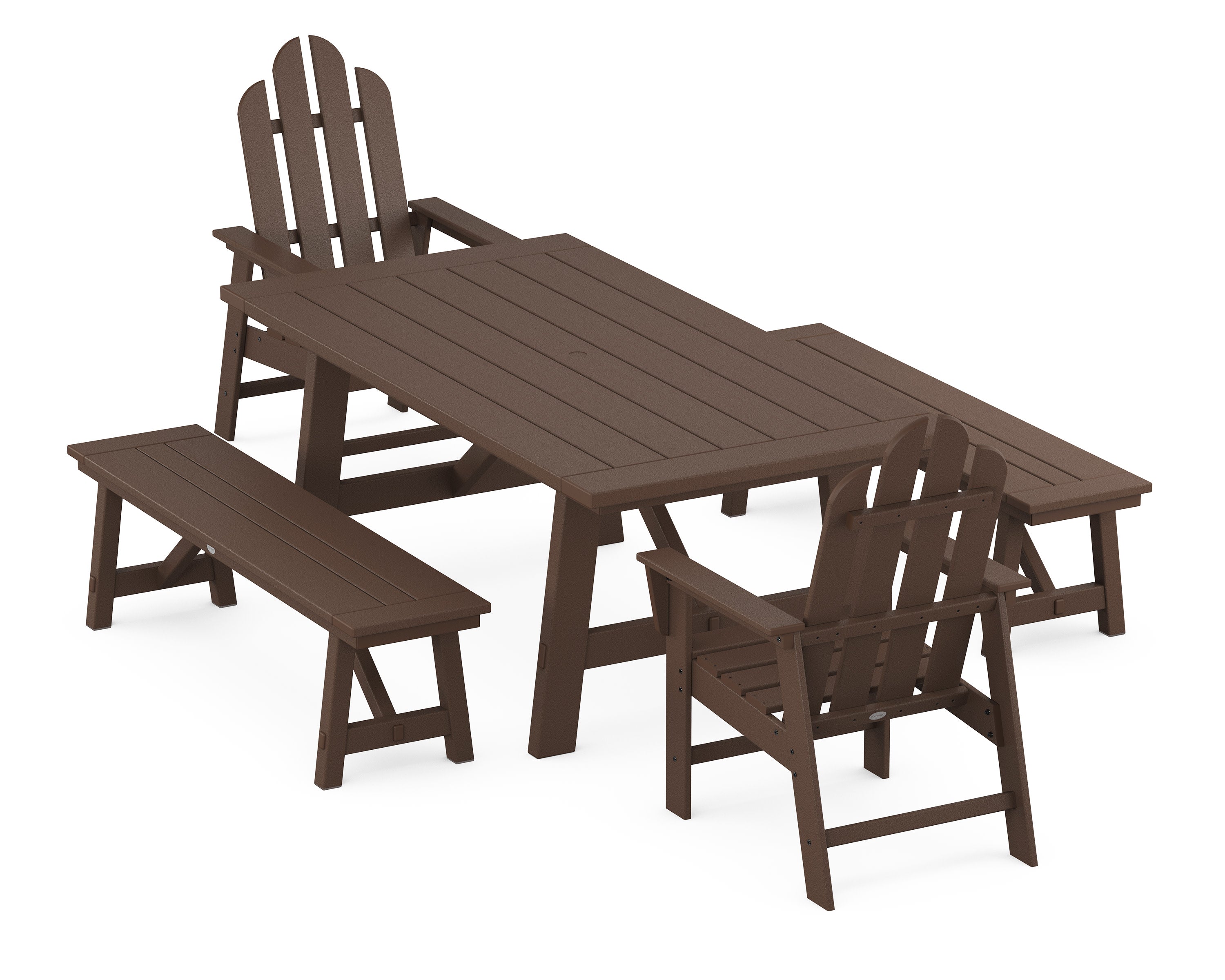 Long Island 5-Piece Rustic Farmhouse Dining Set With Benches in Mahogany