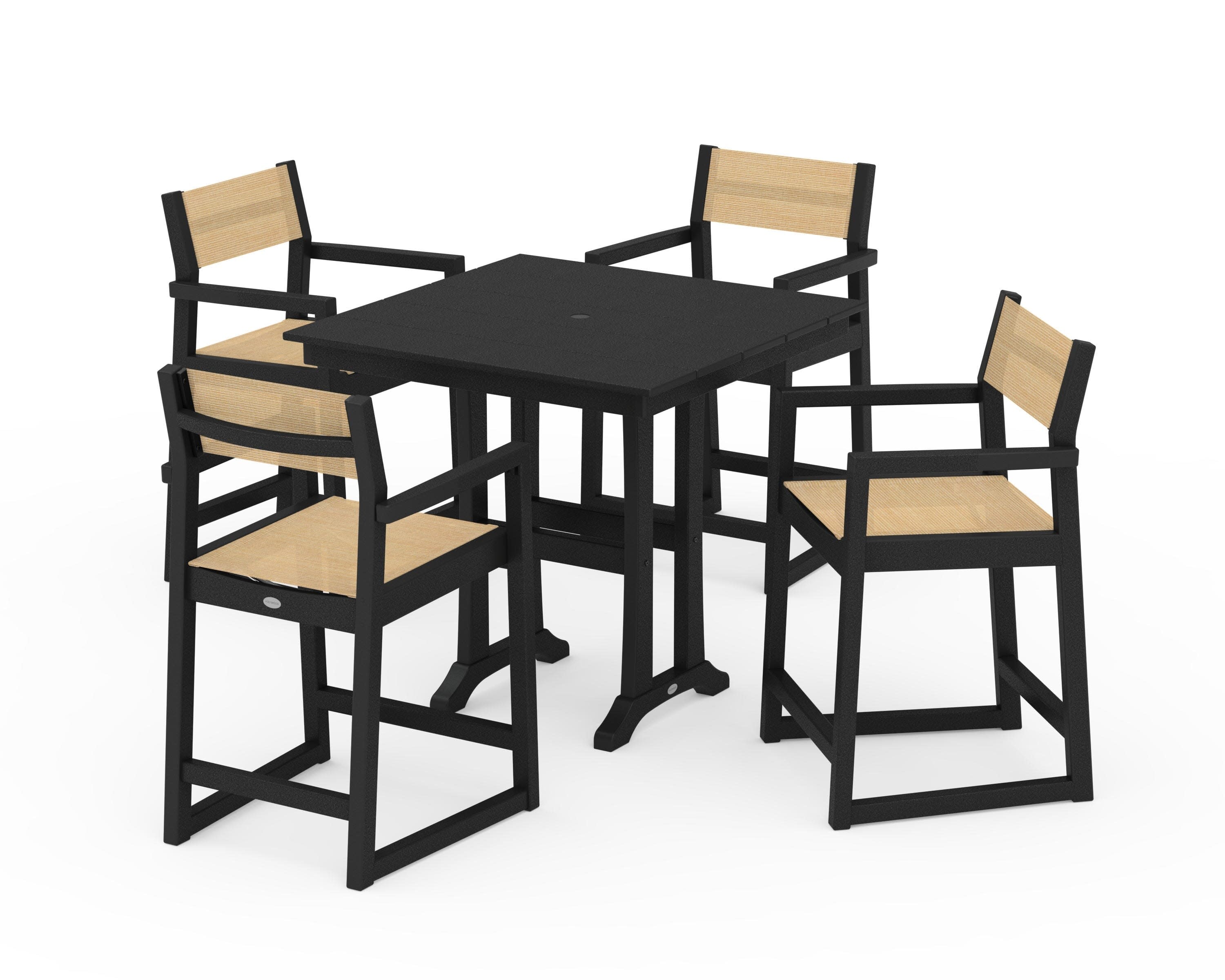 EDGE Sling Arm Chair 5-Piece Farmhouse Counter Set with Trestle Legs in Black / Dupioni Apricot Sling