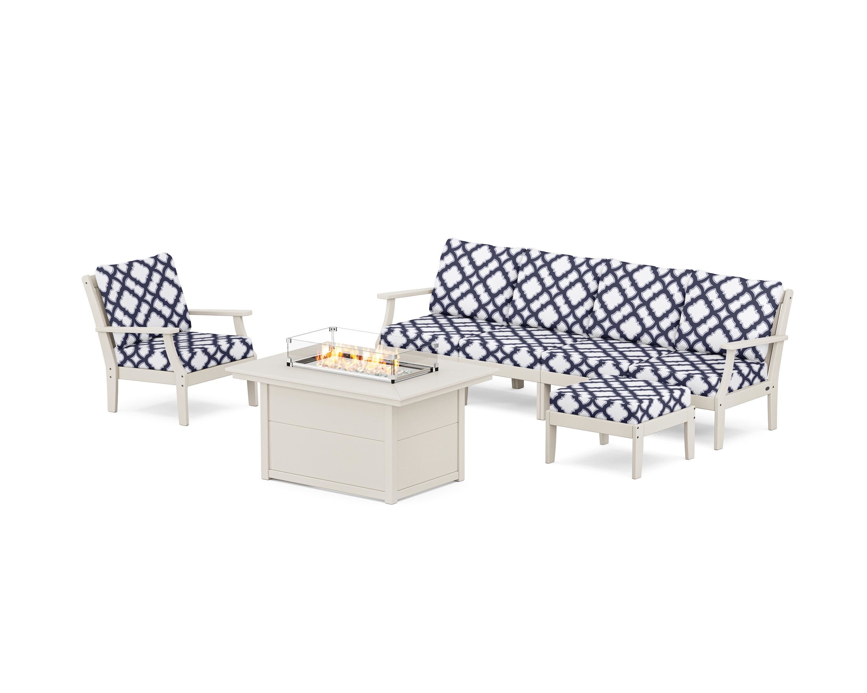 Braxton Sectional Lounge and Fire Pit Set in Sand / Trellis Navy