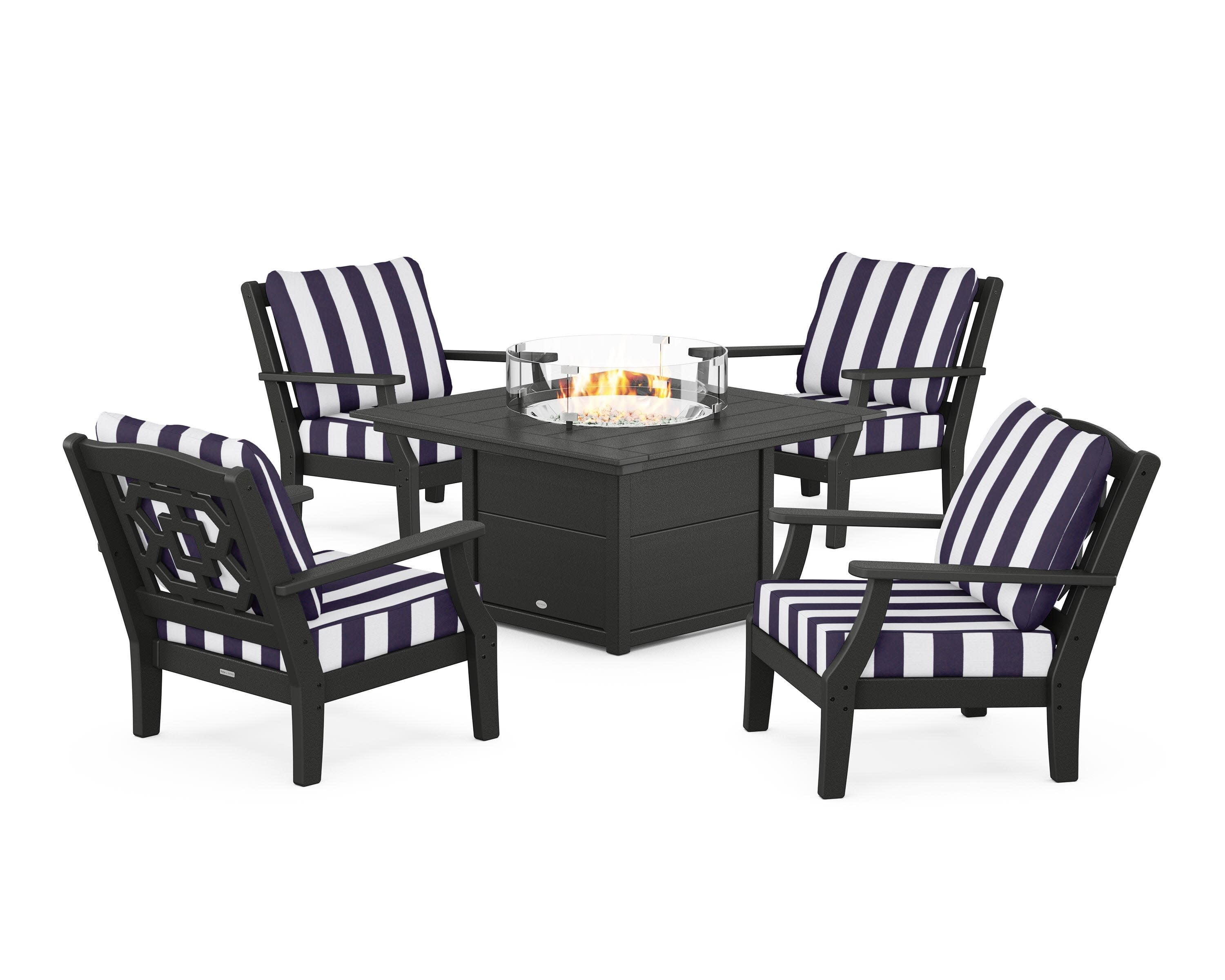 Chinoiserie 5-Piece Deep Seating Set with Fire Pit Table in Black / Cabana Stripe Navy
