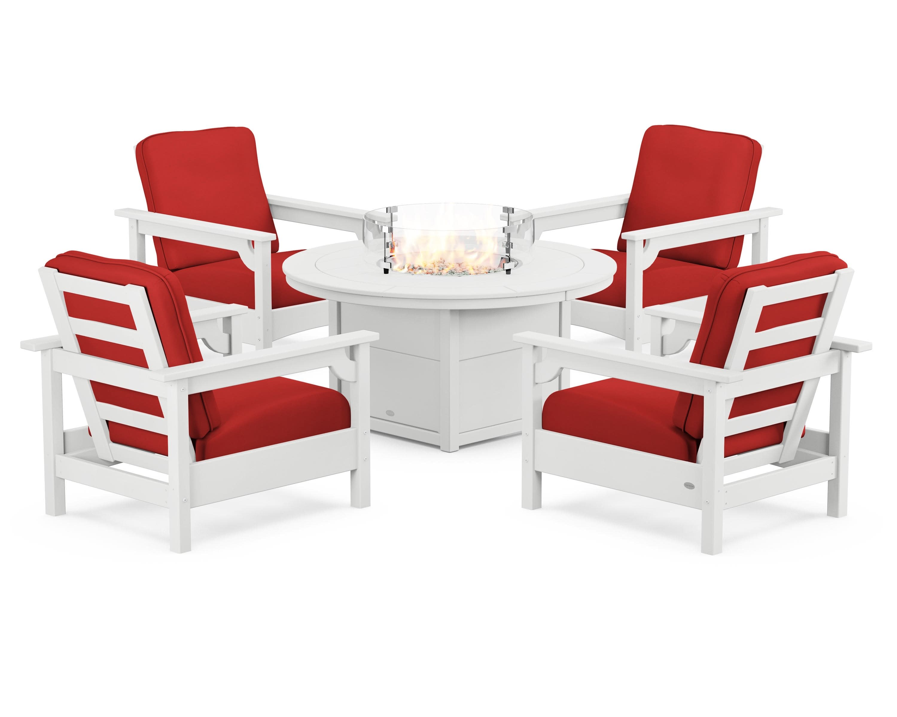 Club 5-Piece Conversation Set with Fire Pit Table in White / Crimson Linen