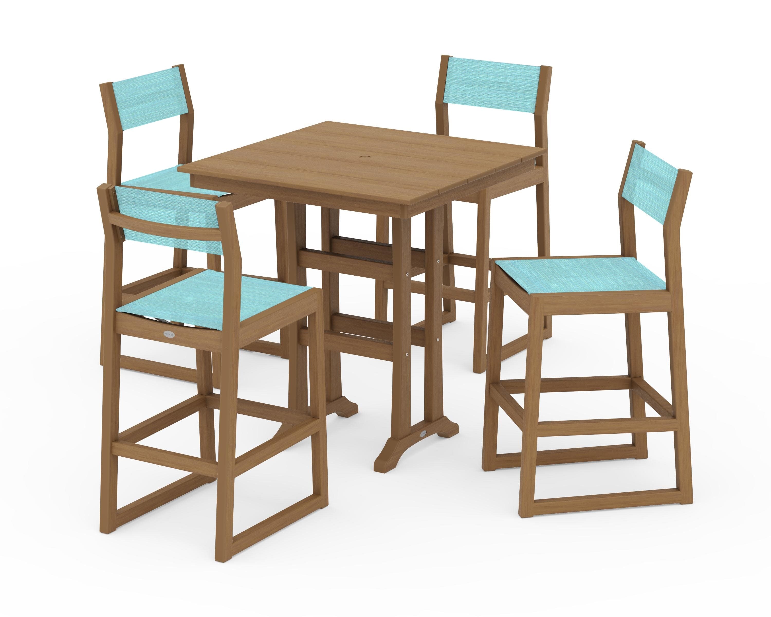 EDGE Sling Arm Chair 5-Piece Farmhouse Bar Set with Trestle Legs in Natural / Dupioni Aquamarine Sling