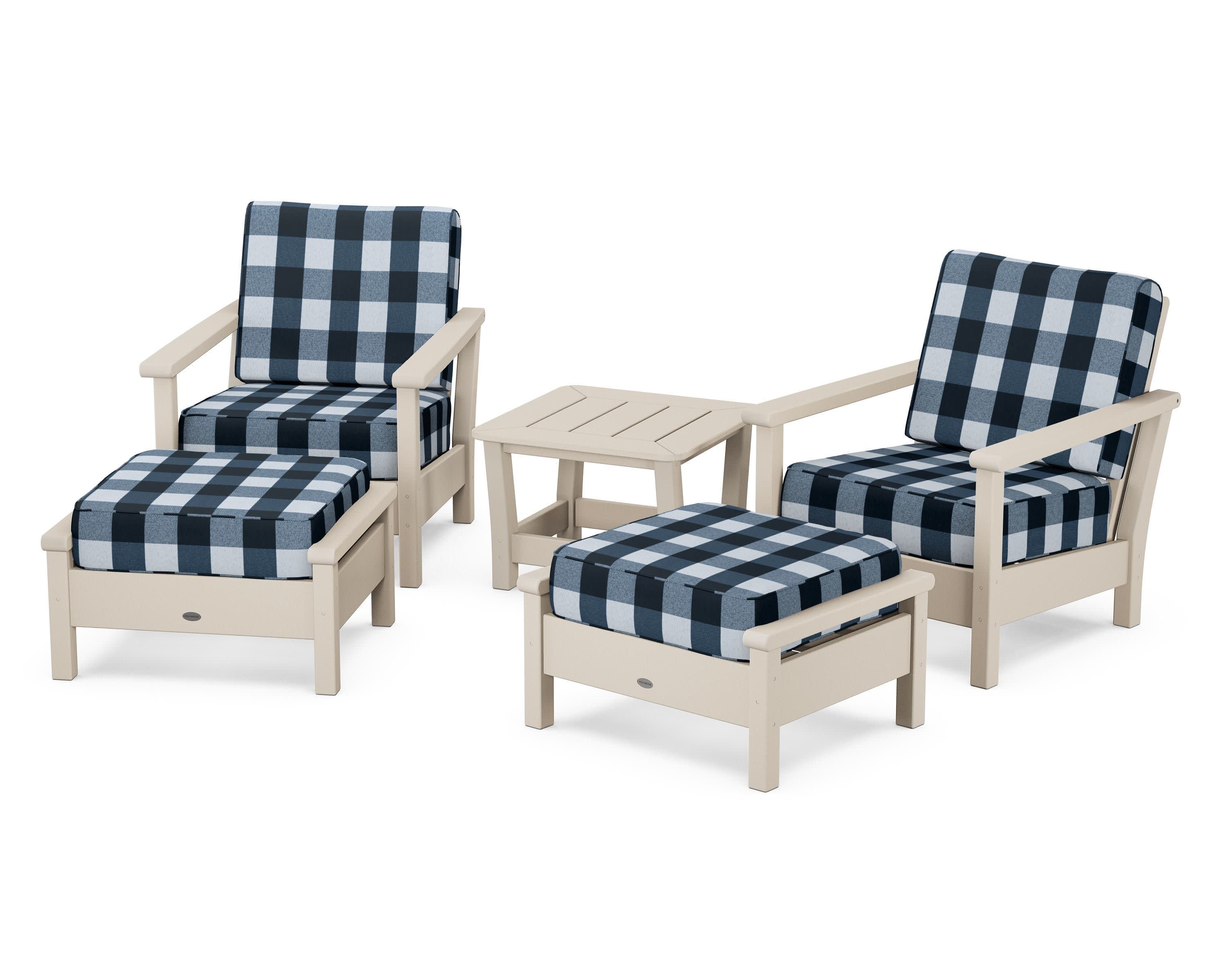 Harbour 5-Piece Deep Seating Chair Set in Sand / Buffalo Plaid Marine Indigo