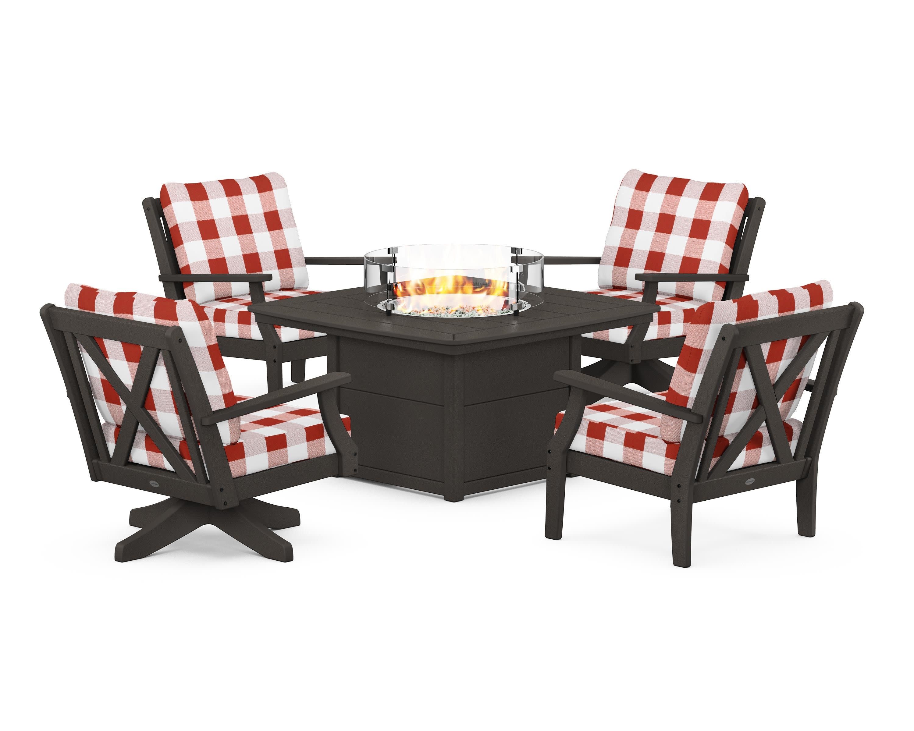 Braxton 5-Piece Deep Seating Set with Fire Table in Vintage Coffee / Buffalo Plaid Crimson