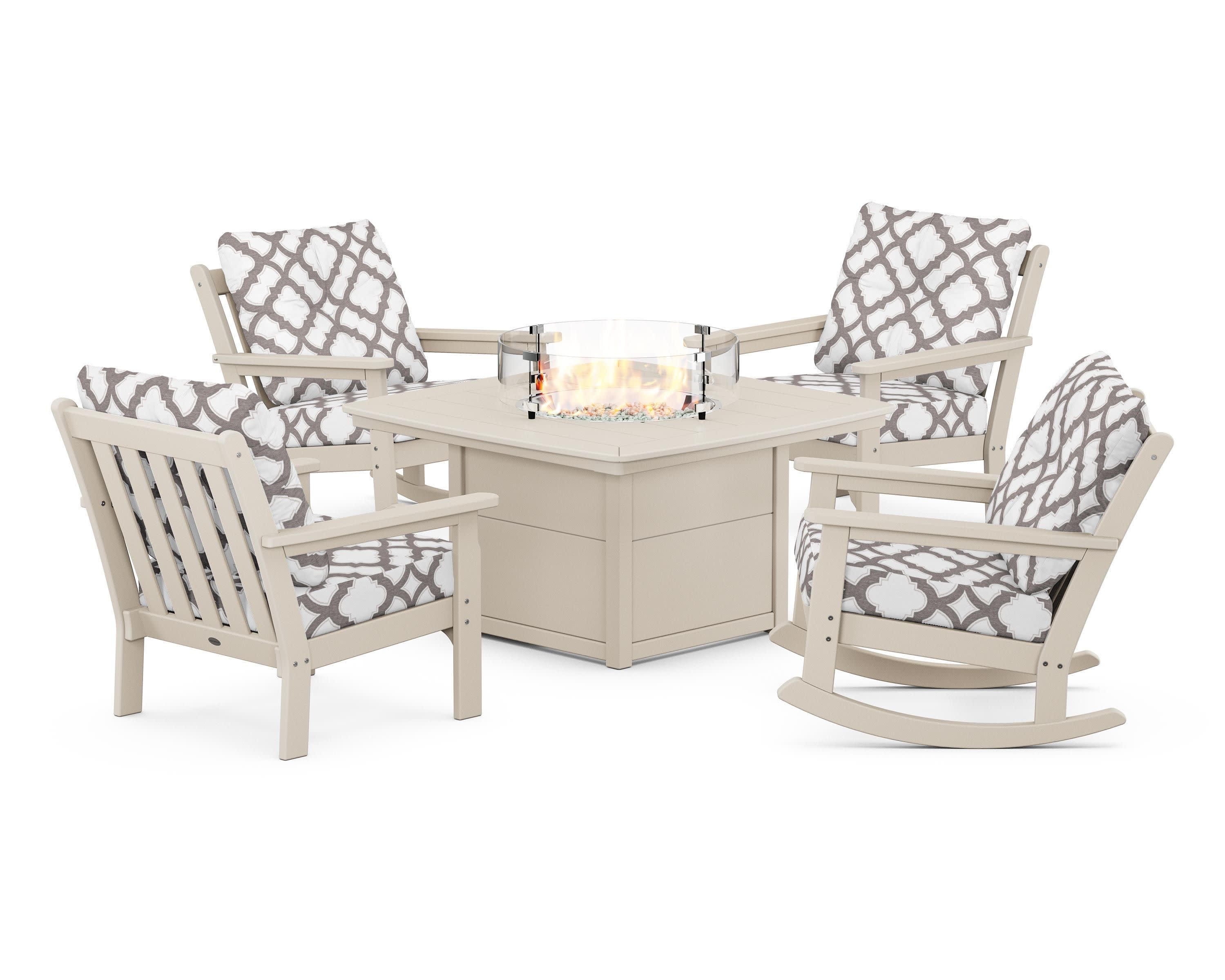 Vineyard 5-Piece Deep Seating Rocking Chair Conversation Set with Fire Pit Table in Sand / Trellis Grey Mist