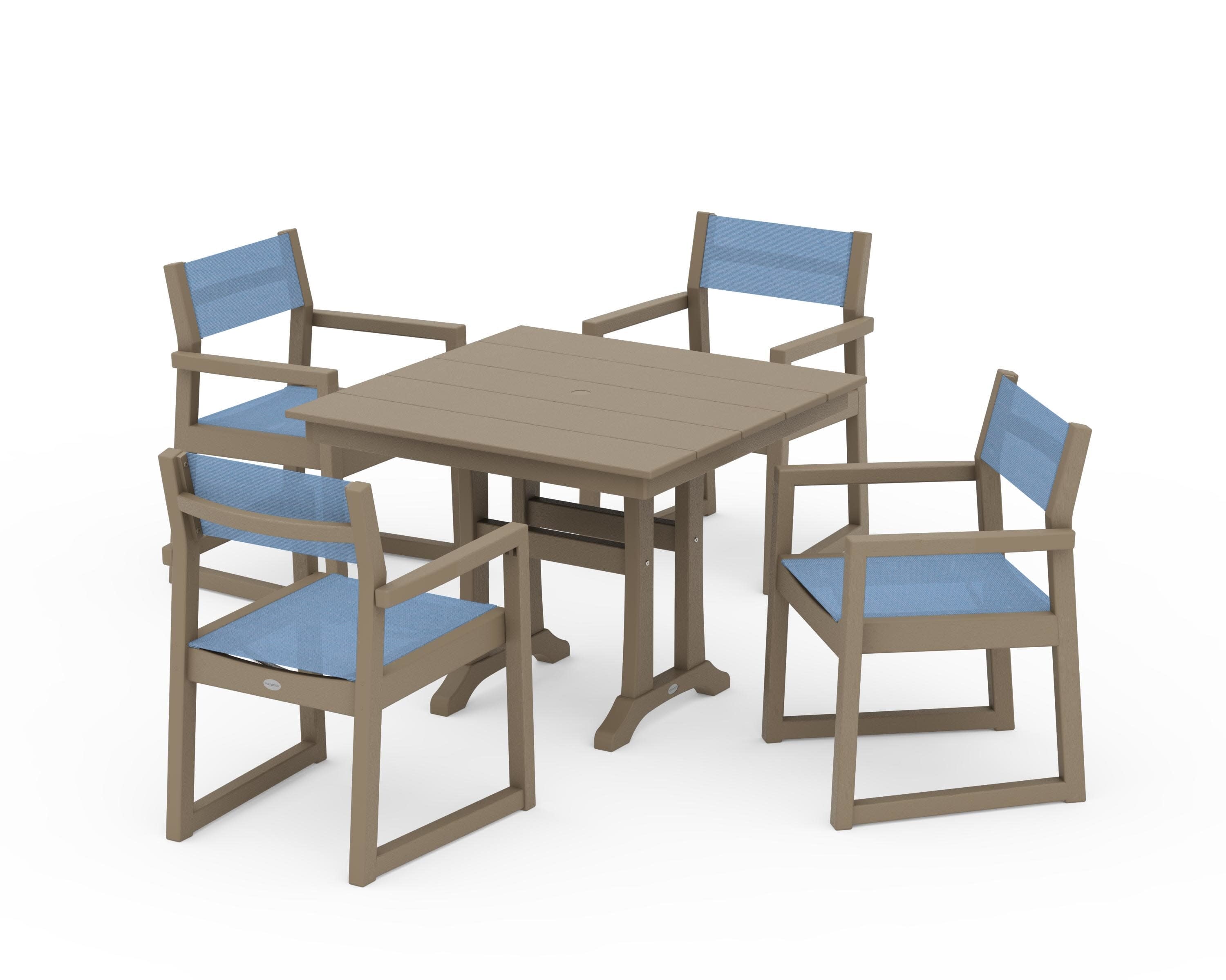 EDGE Sling 5-Piece Farmhouse Dining Set with Trestle Legs in Vintage Sahara / Poolside Sling
