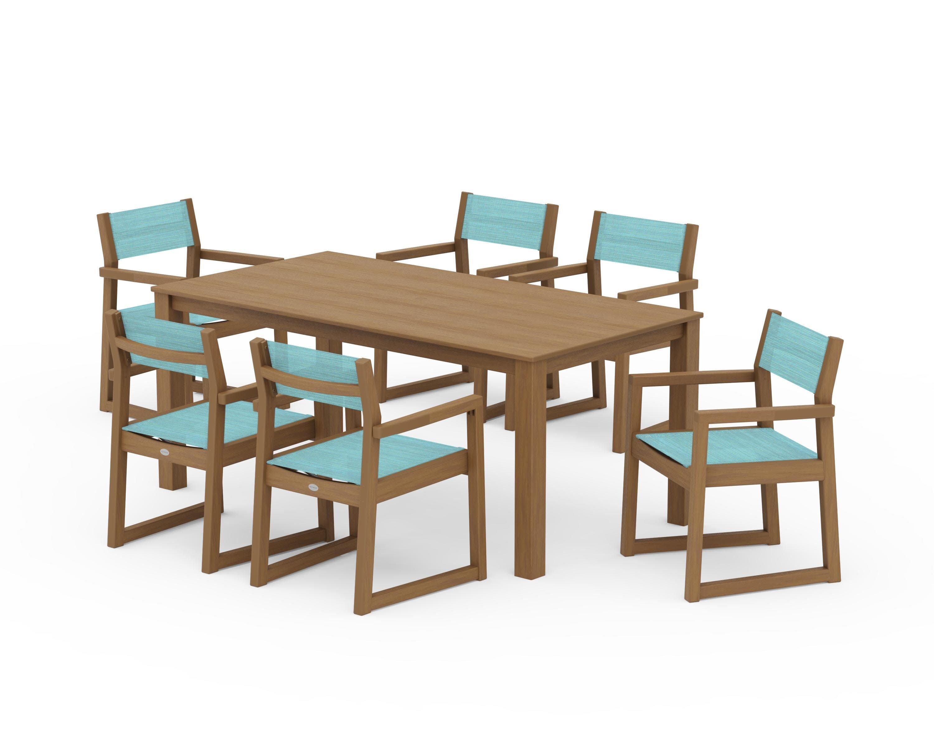 EDGE Sling Arm Chair 7-Piece Parsons Dining Set in Natural / Dupioni Aquamarine Sling