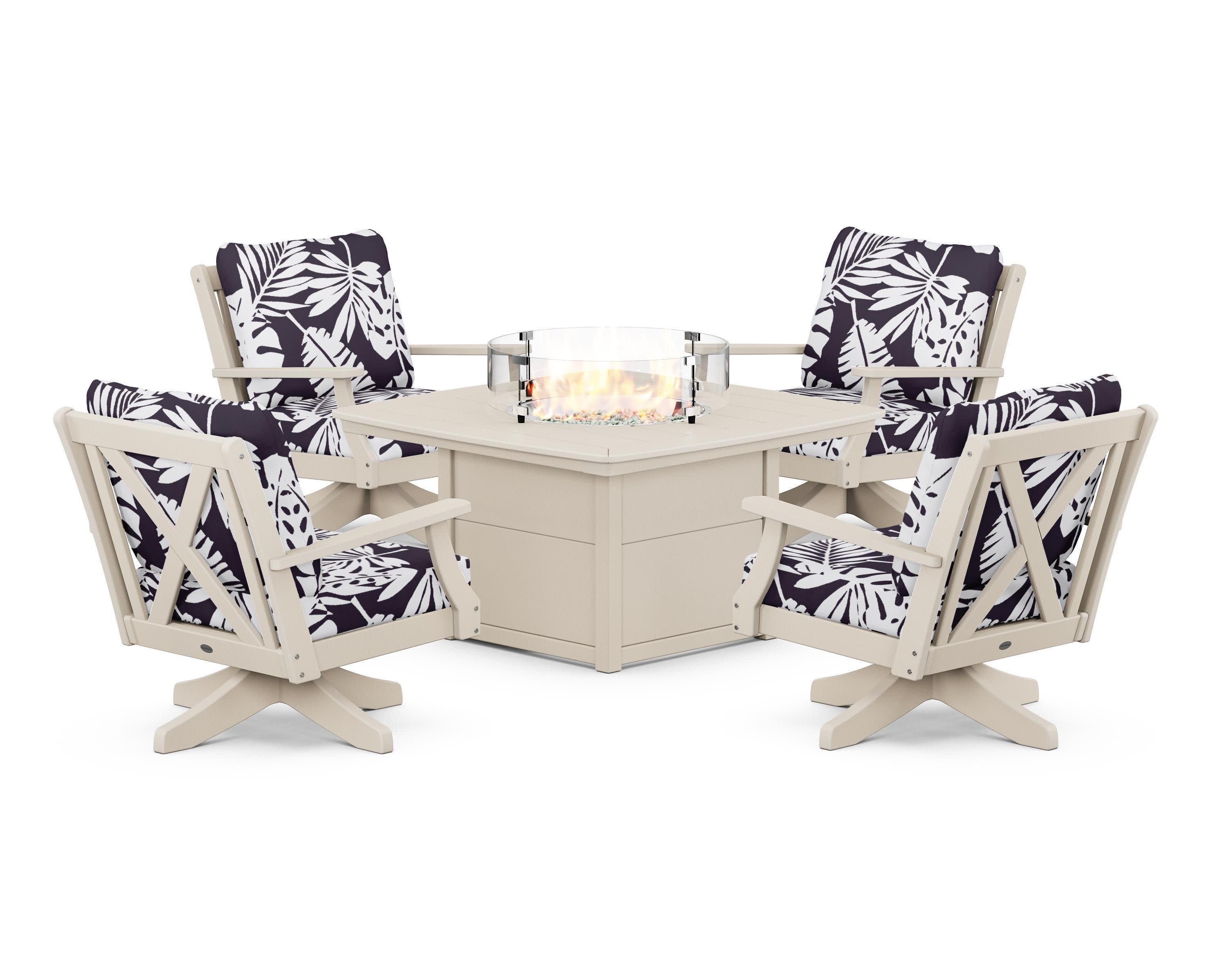Braxton 5-Piece Deep Seating Swivel Conversation Set with Fire Pit Table in Sand / Leaf Navy
