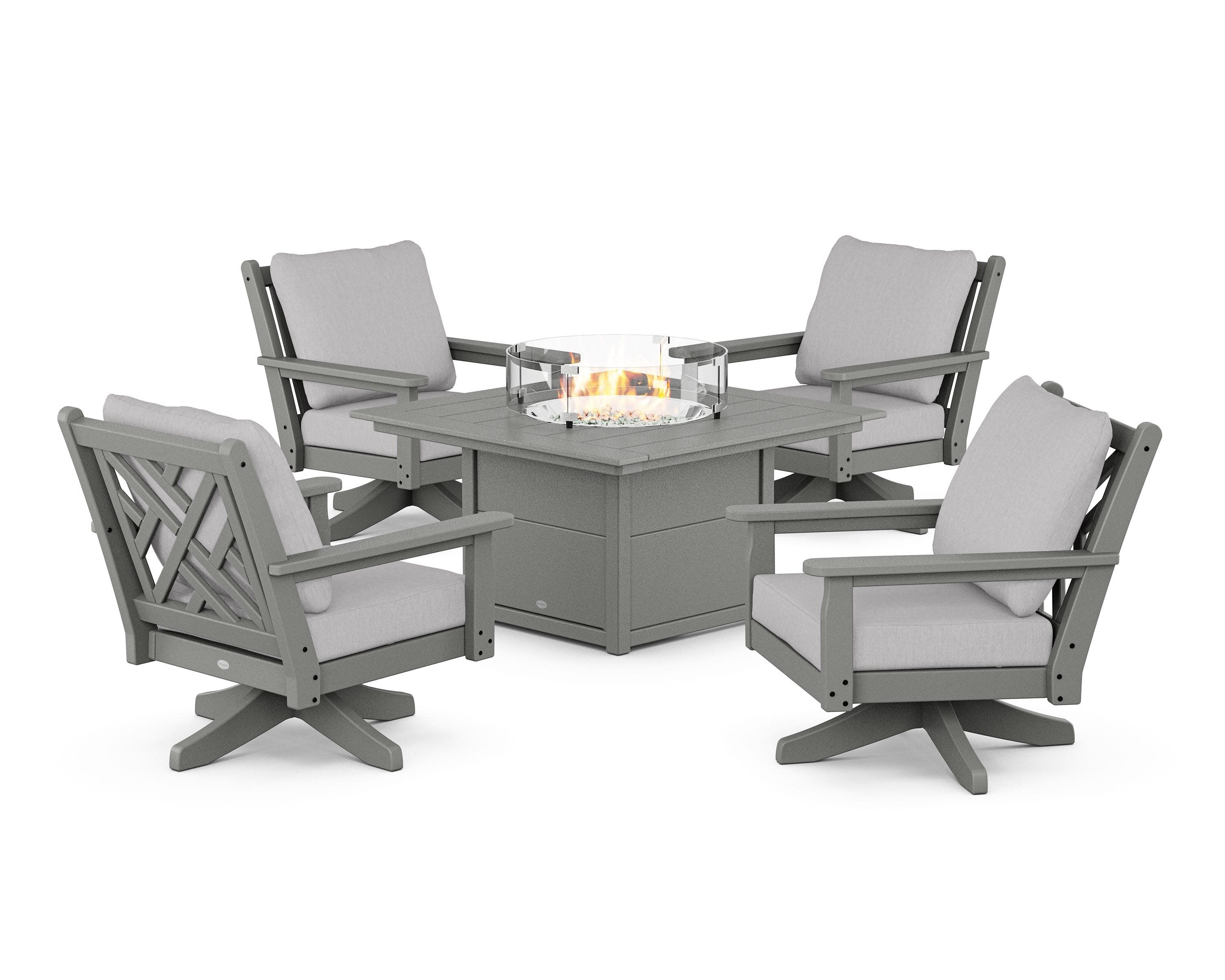 Chippendale 5-Piece Deep Seating Swivel Conversation Set with Fire Pit Table in Slate Grey / Granite