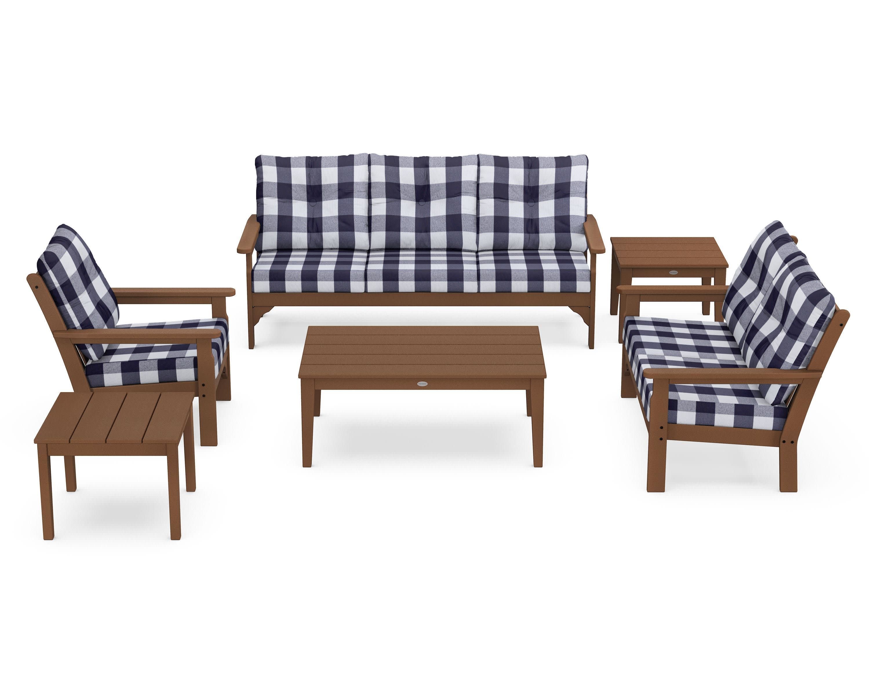 Vineyard 6-Piece Deep Seating Set in Teak / Buffalo Plaid Navy