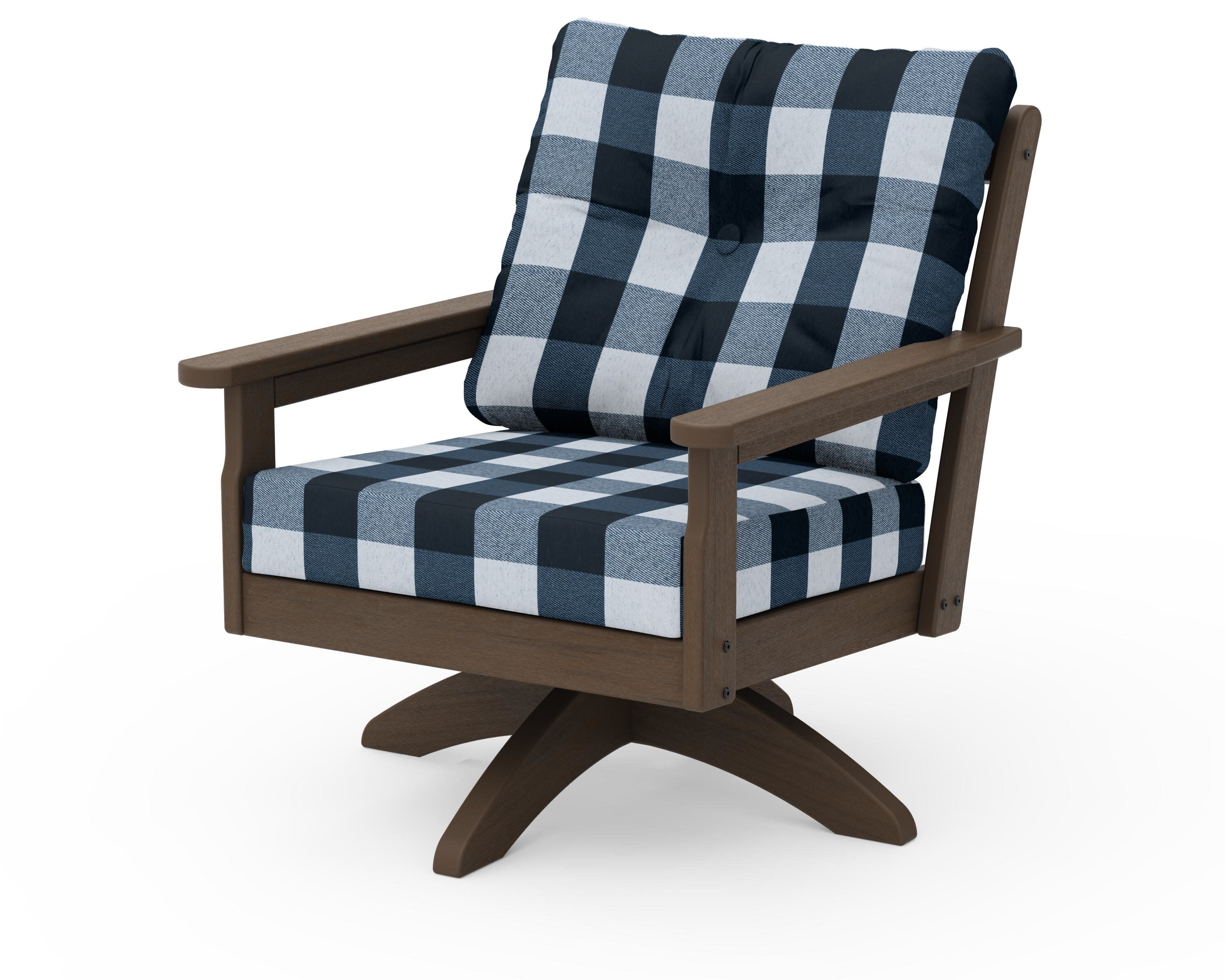 Vineyard Deep Seating Swivel Chair in Kona / Buffalo Plaid Marine Indigo
