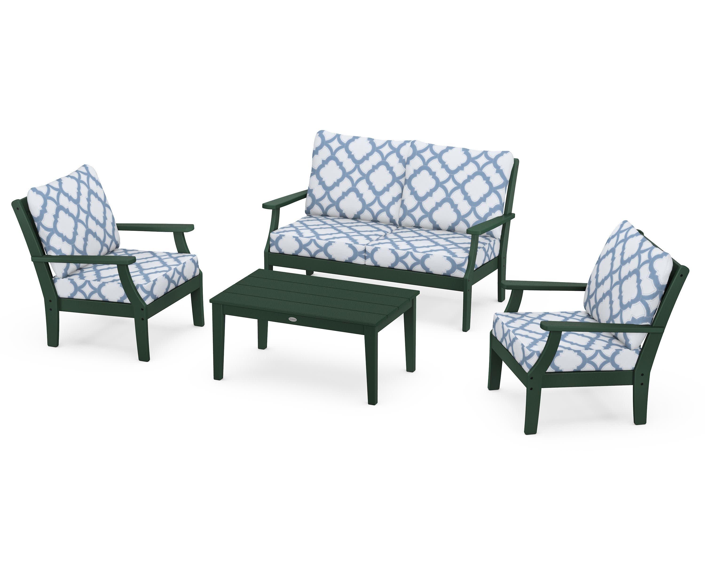 Braxton 4-Piece Deep Seating Chair Set in Green / Trellis Sky Blue